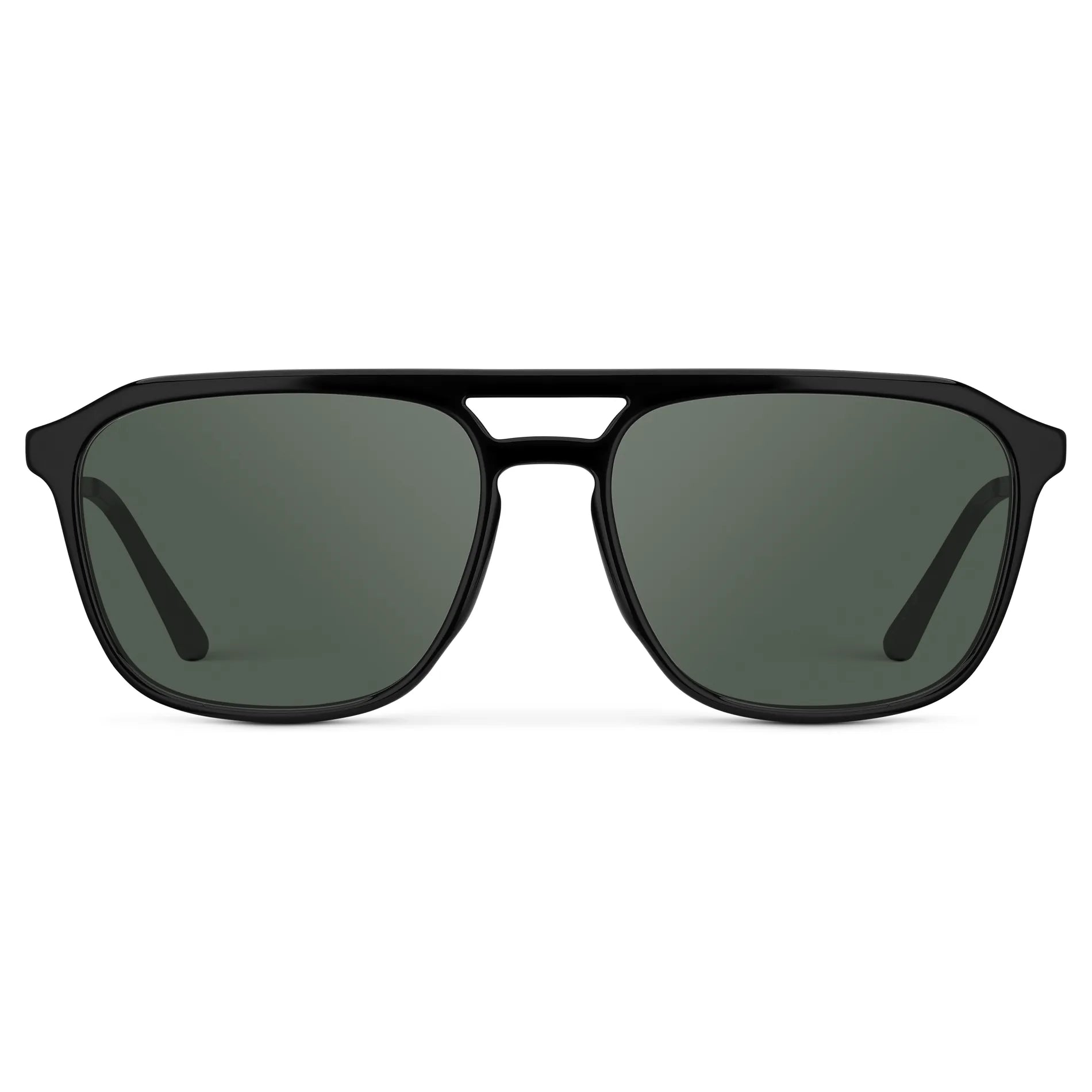 Black / G15 || Men's Double Bridge Aviator Prescription Sunglasses with Black Frame and Green Lens on a white background