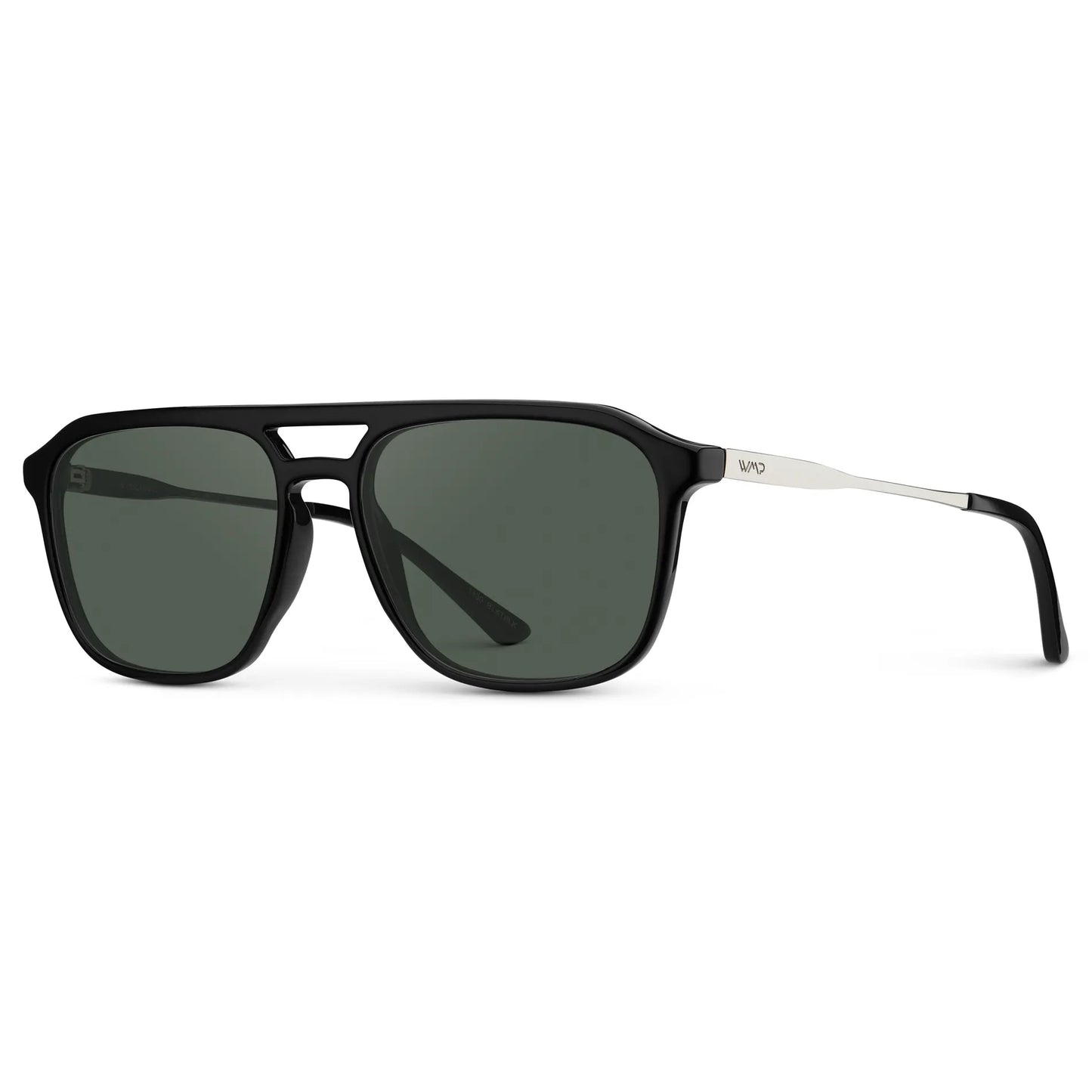 Black / G15 || Side view of Men's Double Bridge Aviator Prescription Sunglasses with Black Frame and Green Lens on a white background