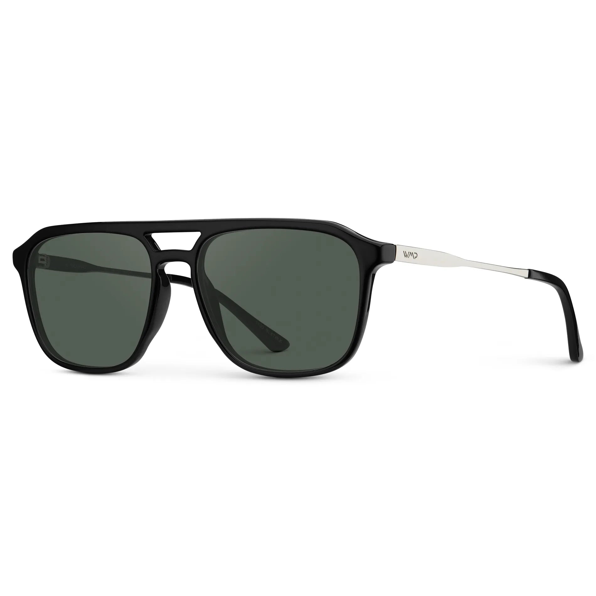 Black / G15 || Side view of Men's Double Bridge Aviator Prescription Sunglasses with Black Frame and Green Lens on a white background