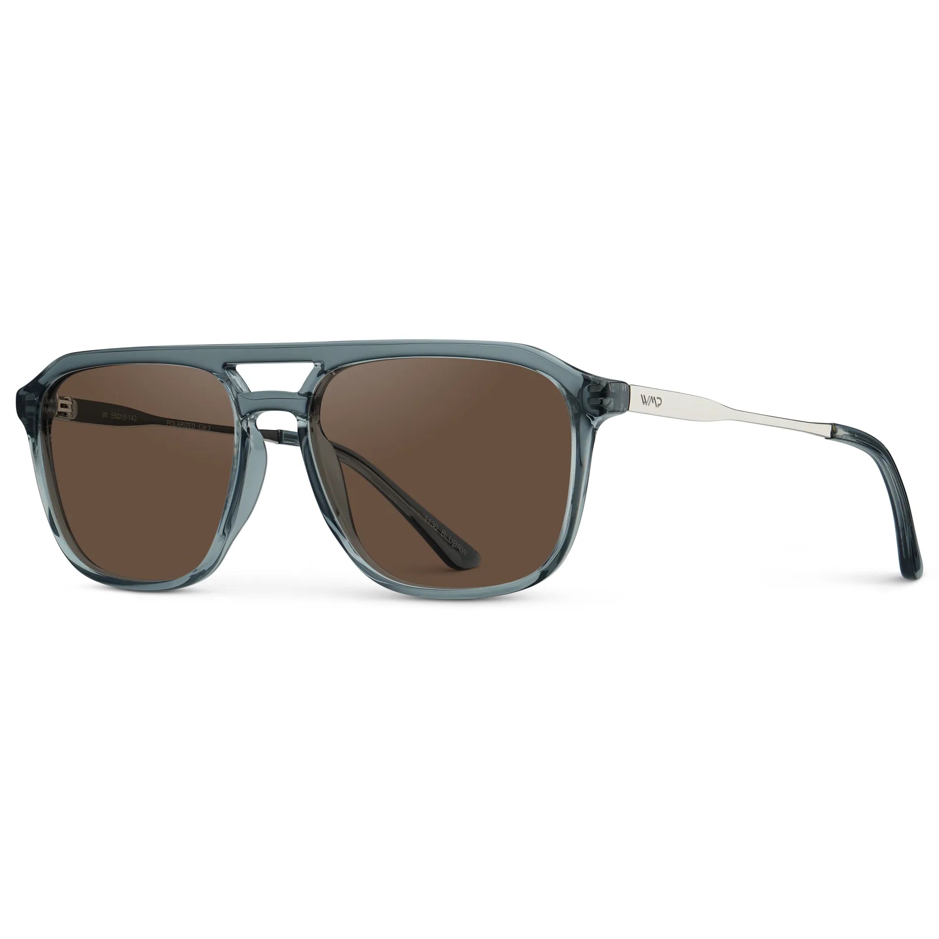 Stone Blue / Brown Lens || Side view of Men's Double Bridge Aviator Sunglasses with Stone Blue Frame and Brown Lens on a white background