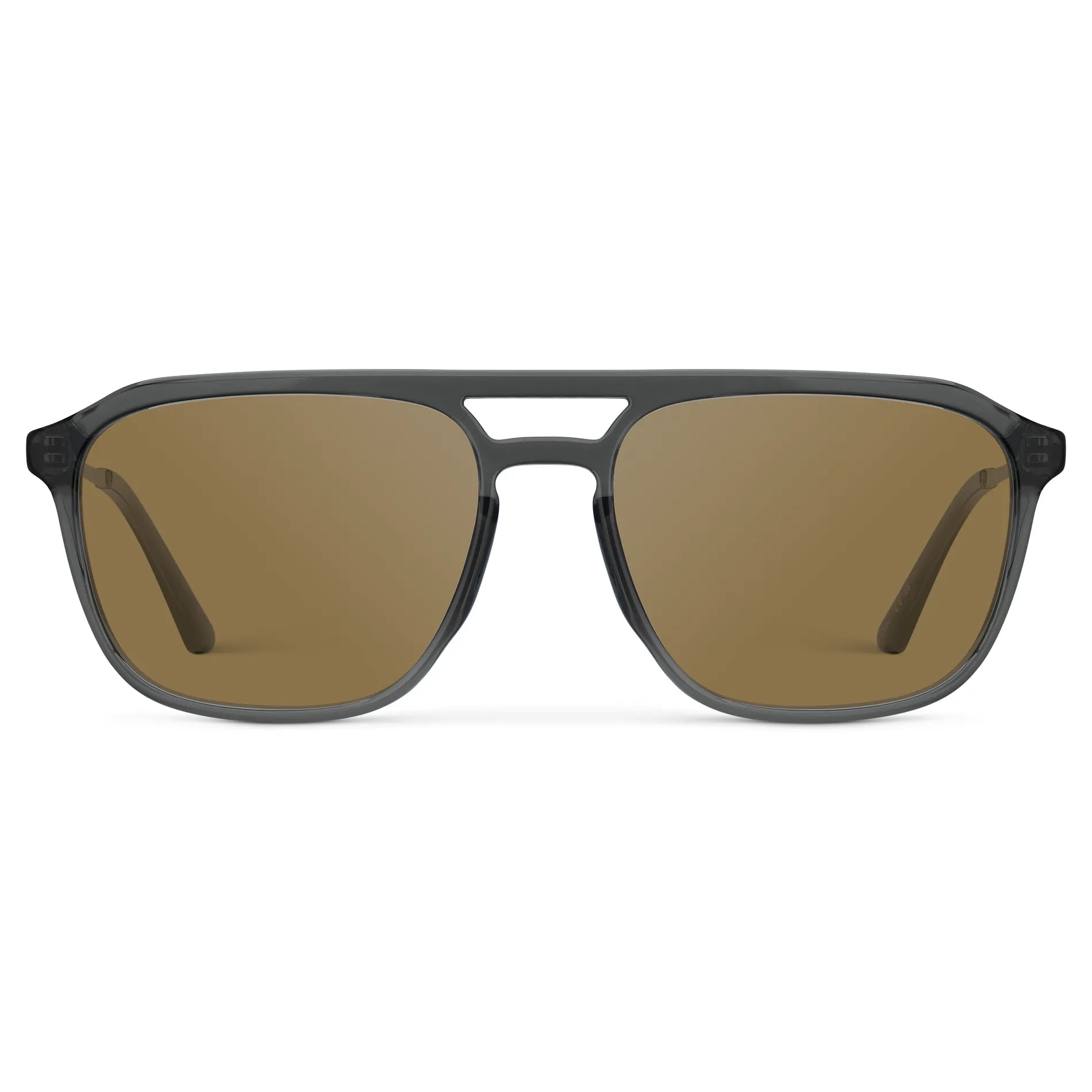 Smoke Grey / Amber || Men's Double Bridge Aviator Prescription Sunglasses with Smoke Grey Frame and Brown Lens on a white background