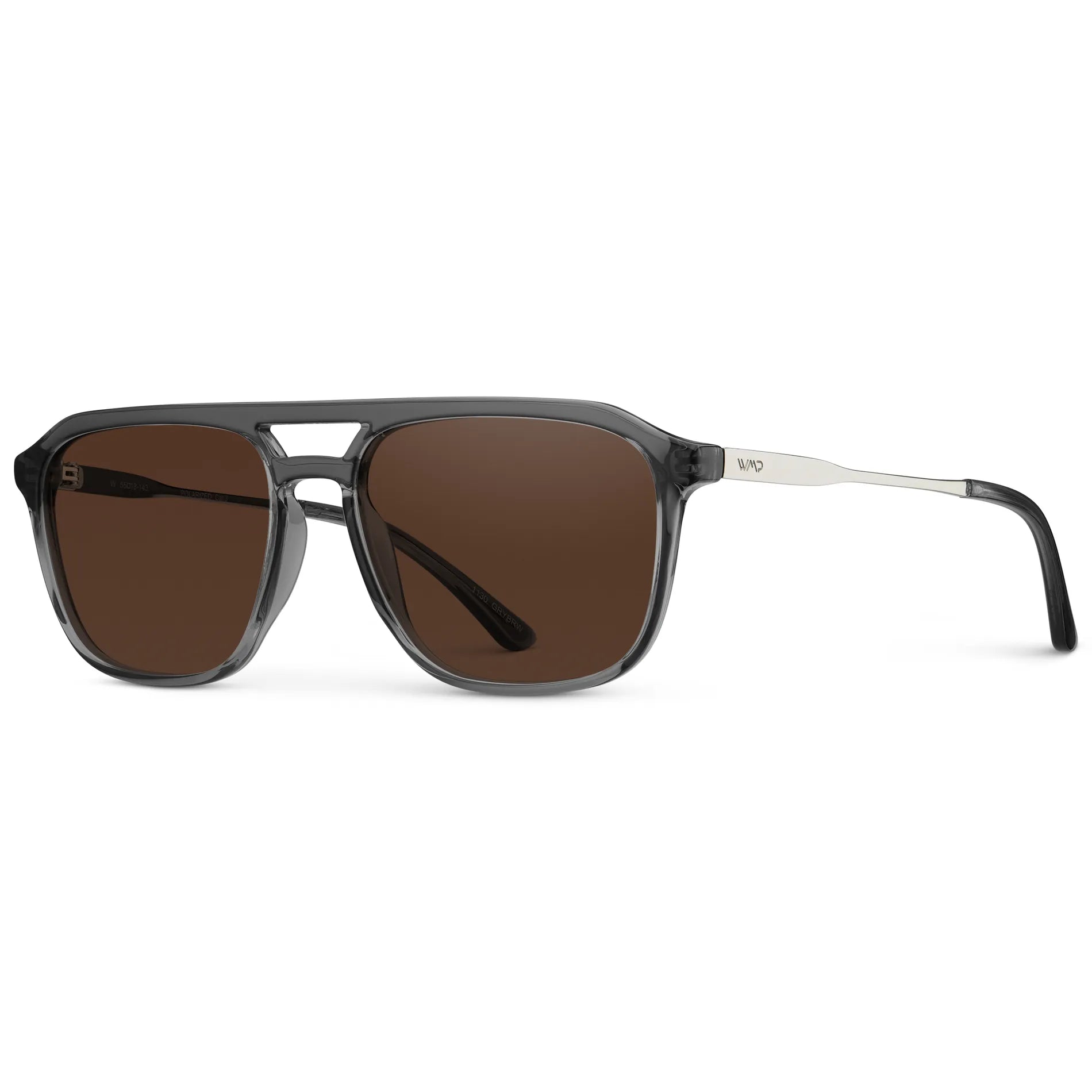 Smoke Grey / Dark Brown Lens || Side view of Men's Double Bridge Aviator Sunglasses with Smoke Grey Frame and Dark Brown Lens on a white background