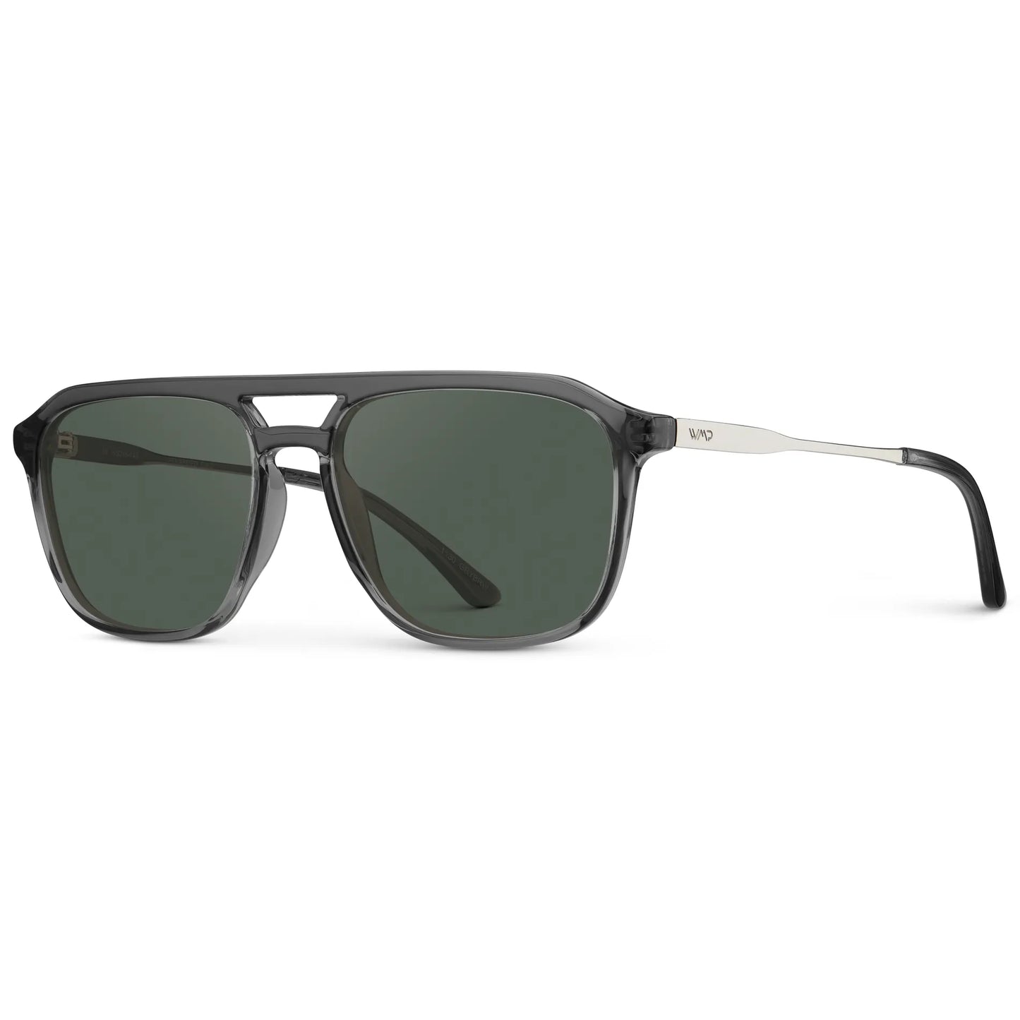 Smoke Grey / G15 || Side view of Men's Double Bridge Aviator Prescription Sunglasses with Smoke Grey Frame and Green Lens on a white background