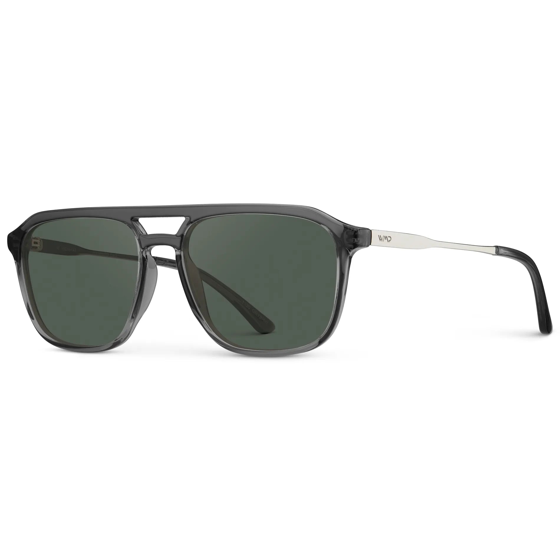 Smoke Grey / G15 || Side view of Men's Double Bridge Aviator Prescription Sunglasses with Smoke Grey Frame and Green Lens on a white background