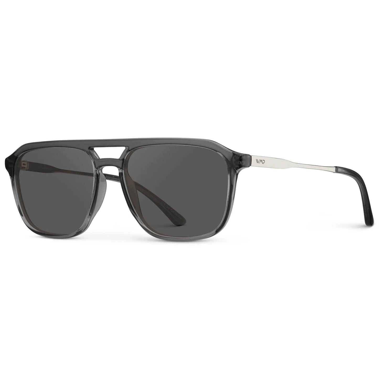 Smoke Grey / Grey || Side view of Men's Double Bridge Aviator Prescription Sunglasses with Smoke Grey Frame and Grey Lens on a white background