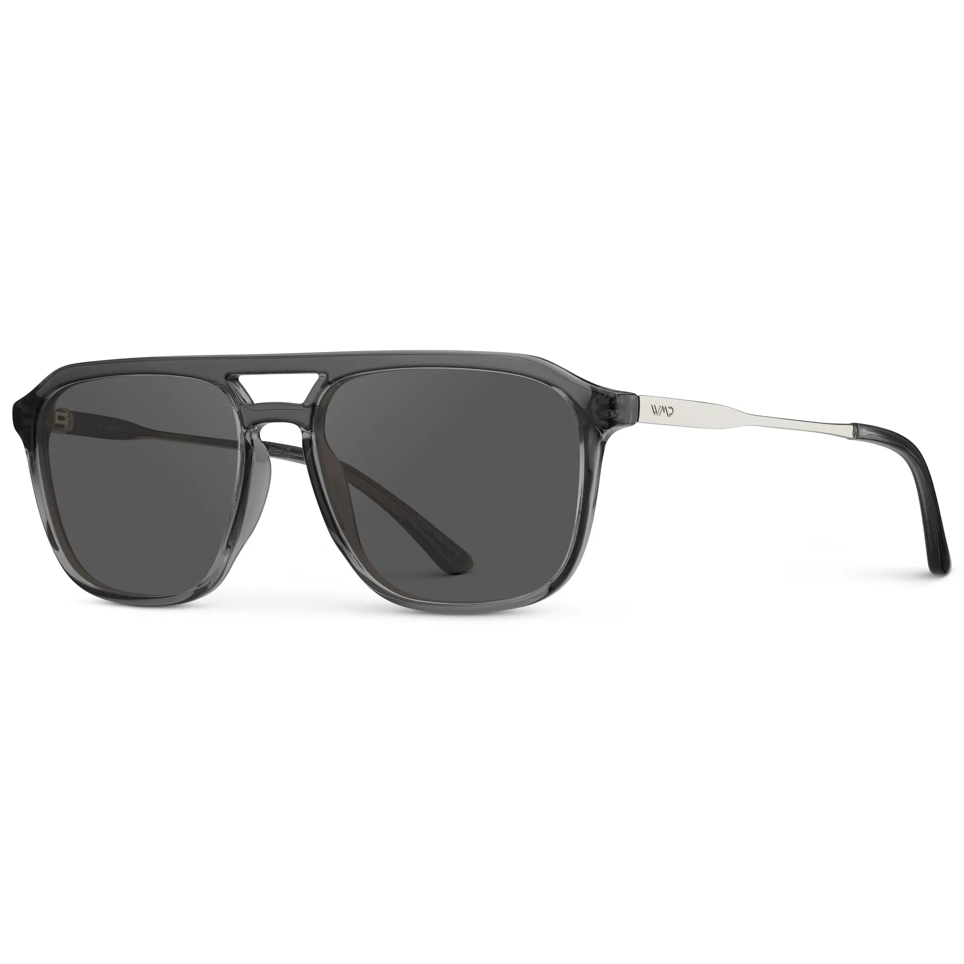 Smoke Grey / Grey || Side view of Men's Double Bridge Aviator Prescription Sunglasses with Smoke Grey Frame and Grey Lens on a white background