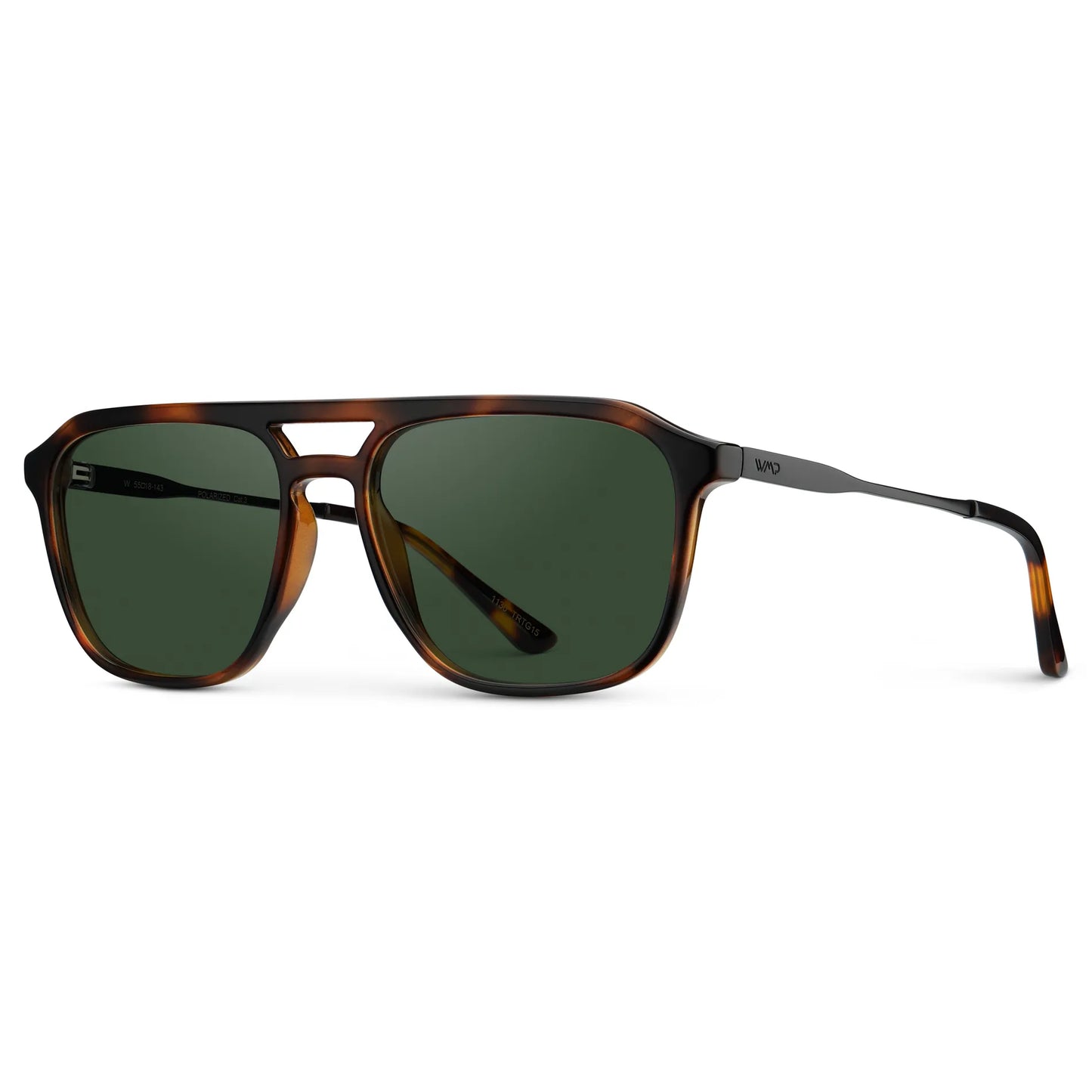 Brown Tortoise / Smoke Green Lens || Side view of Men's Double Bridge Aviator Sunglasses with Brown Tortoise Frame and Smoke Green Lens on a white background