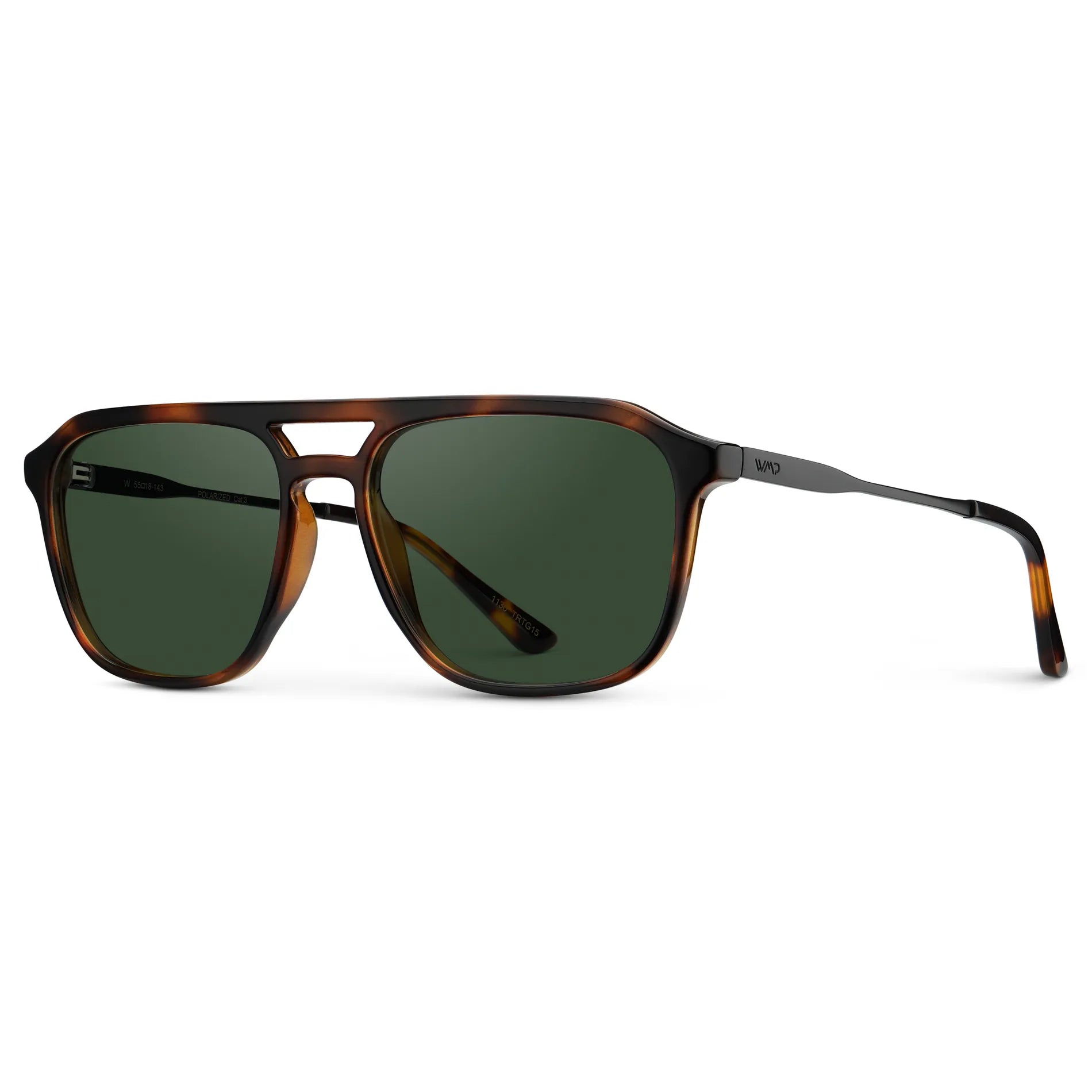 Brown Tortoise / Smoke Green Lens || Side view of Men's Double Bridge Aviator Sunglasses with Brown Tortoise Frame and Smoke Green Lens on a white background