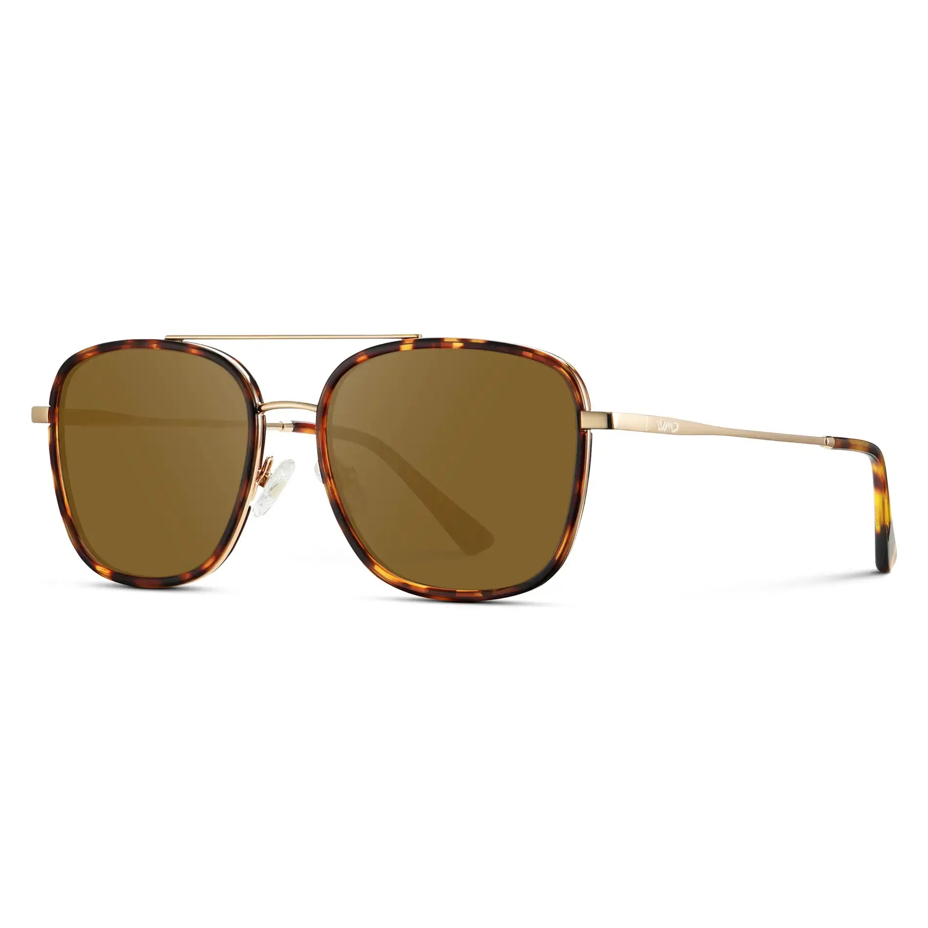 Ruby Tortoise / Amber || Side view of Women's Oversized Square Aviator Prescription Eyeglasses with Ruby Tortoise Acetate and Stainless Steel Frame and Brown Lenses on a white background