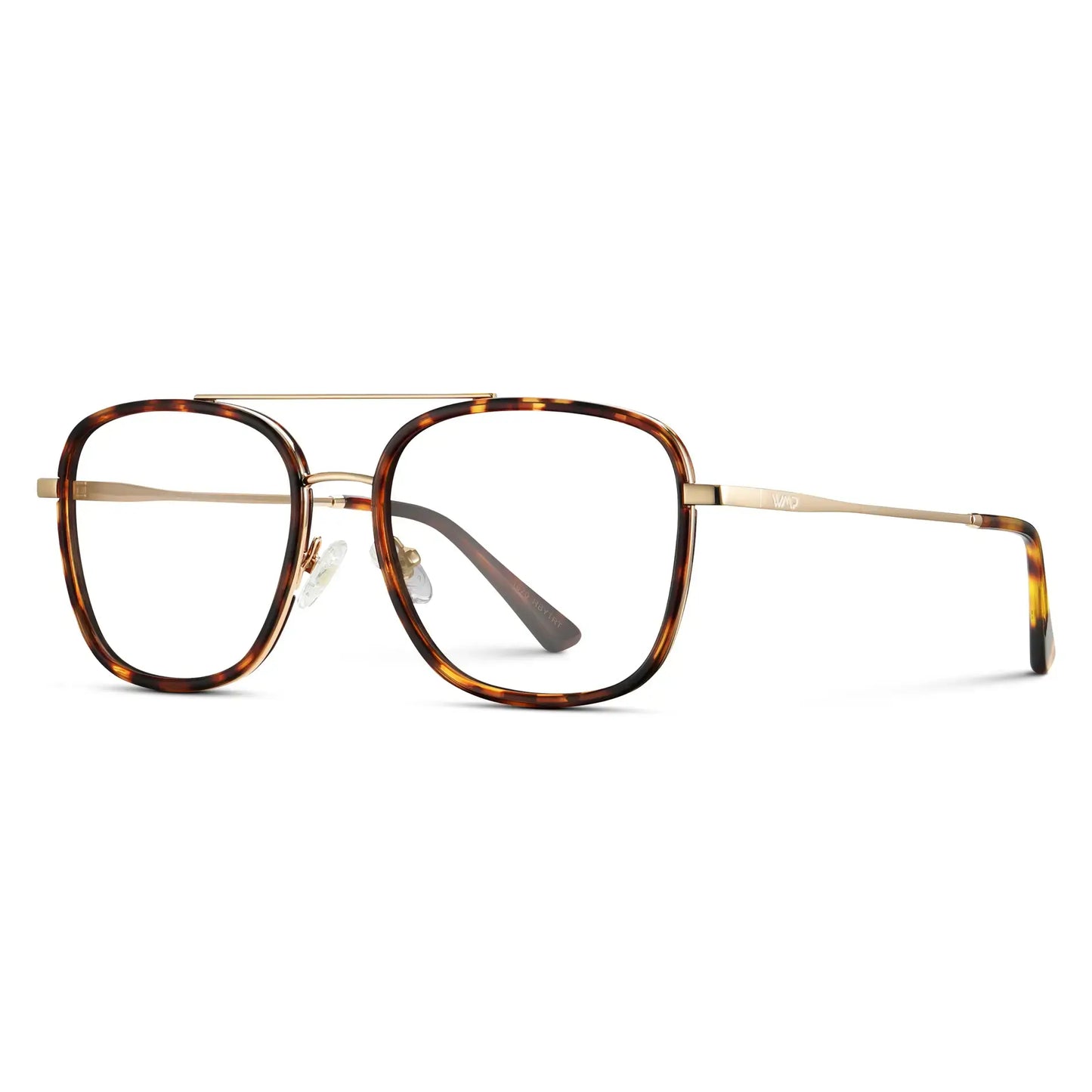 Ruby Tortoise || Side view of Women's Oversized Square Aviator Prescription Eyeglasses with Ruby Tortoise Acetate and Stainless Steel Frame and Clear Lenses on a white background