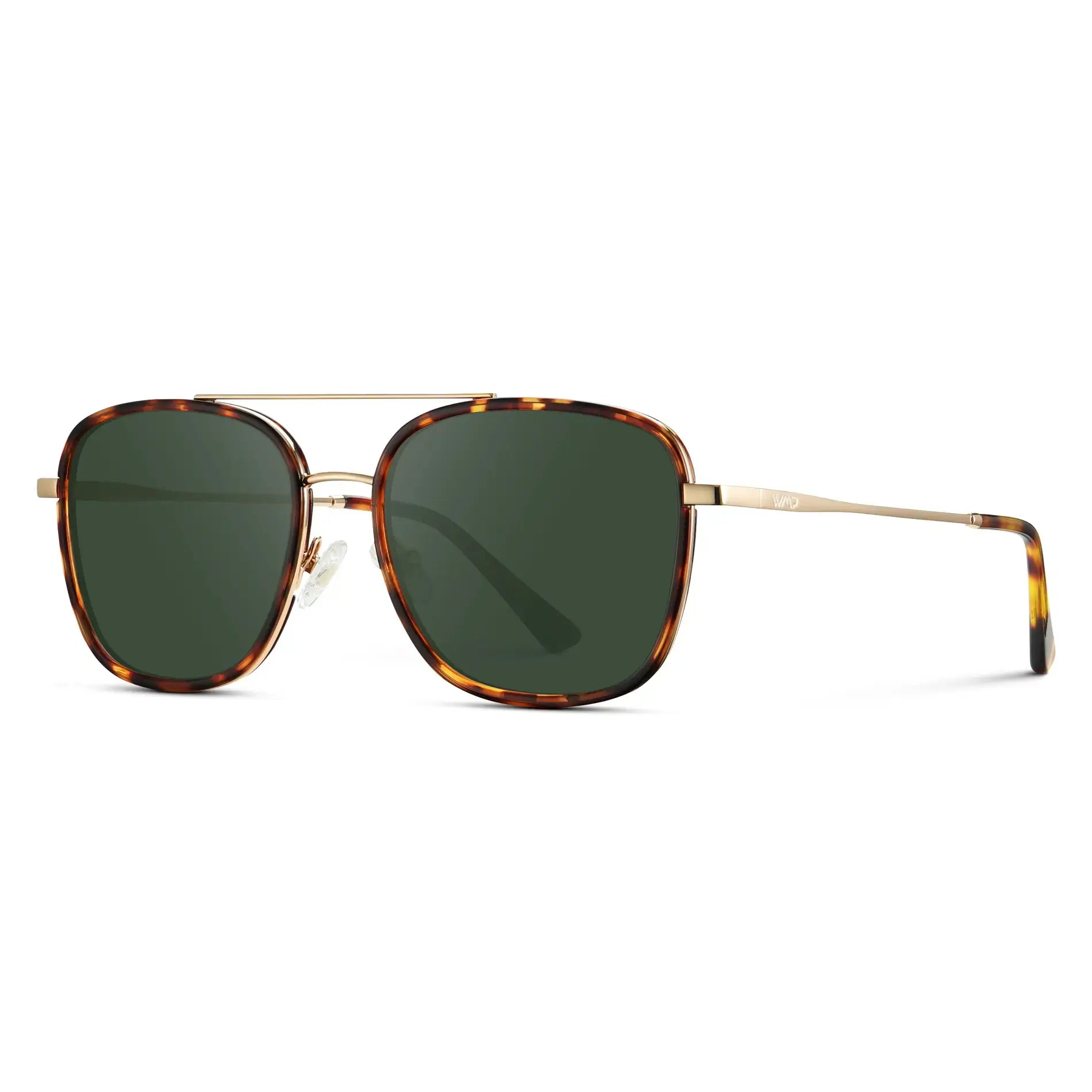 Ruby Tortoise / G15 || Side view of Women's Oversized Square Aviator Prescription Eyeglasses with Ruby Tortoise Acetate and Stainless Steel Frame and Green Lenses on a white background