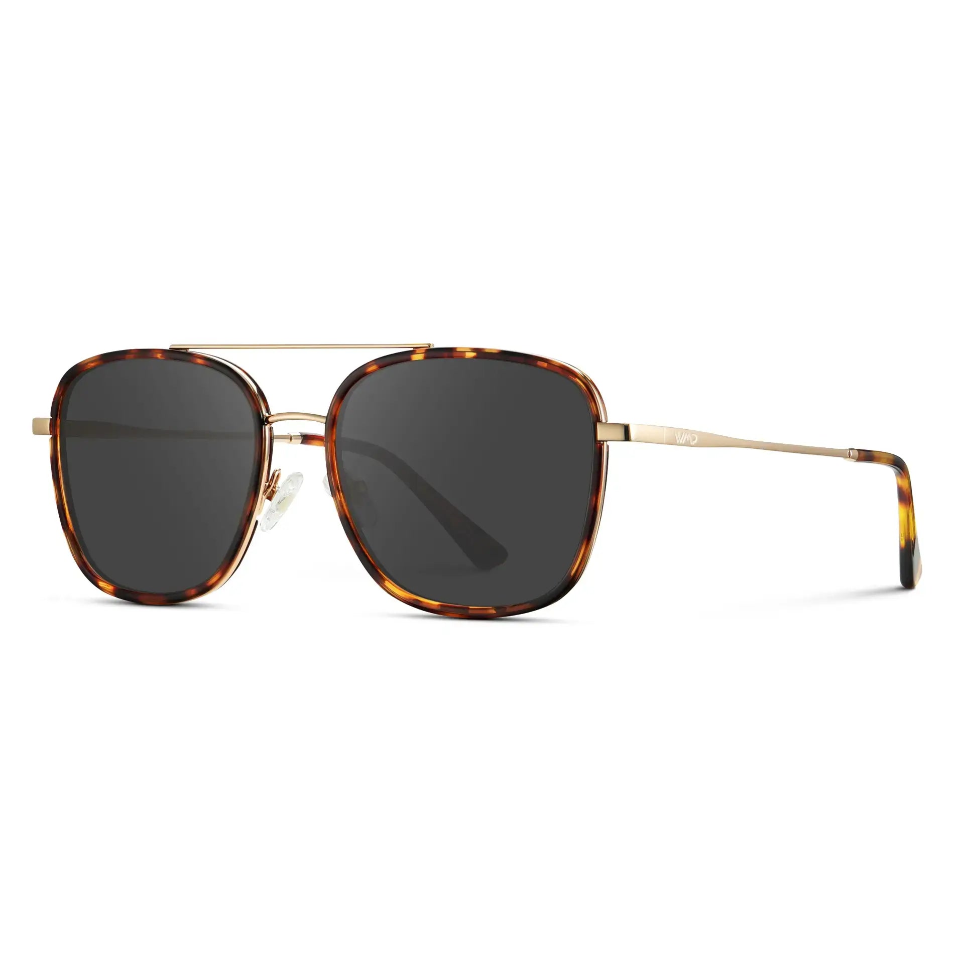 Ruby Tortoise / Grey || Side view of Women's Oversized Square Aviator Prescription Eyeglasses with Ruby Tortoise Acetate and Stainless Steel Frame and Grey Lenses on a white background