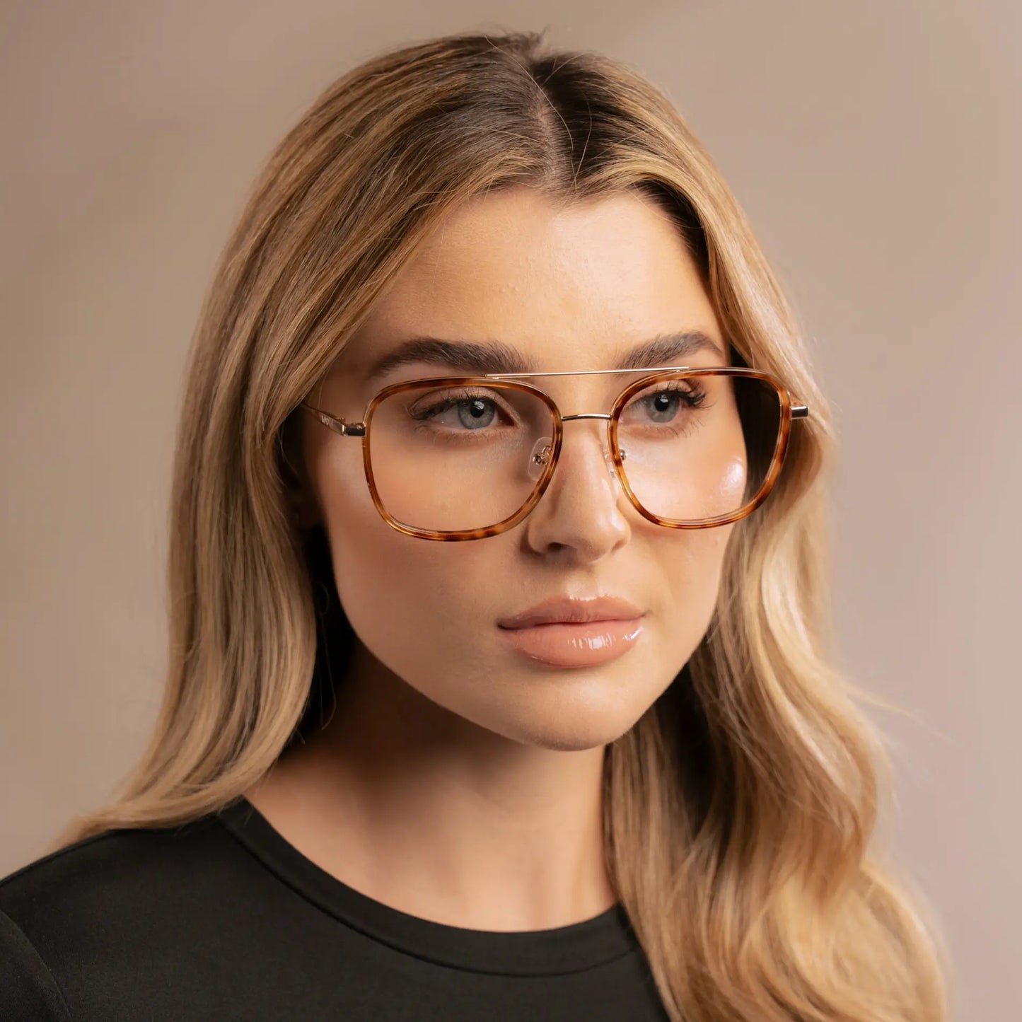 Honeycomb Tortoise || Woman wearing Oversized Square Aviator Prescription Eyeglasses with Honeycomb Tortoise Acetate and Stainless Steel Frame and Clear Lenses