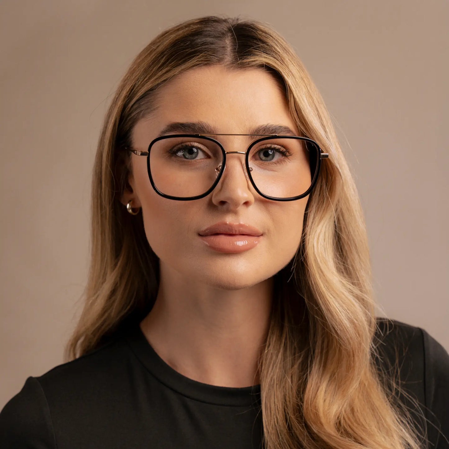 Black || Woman wearing Oversized Square Aviator Prescription Eyeglasses with Black Acetate and Stainless Steel Frame and Clear Lenses