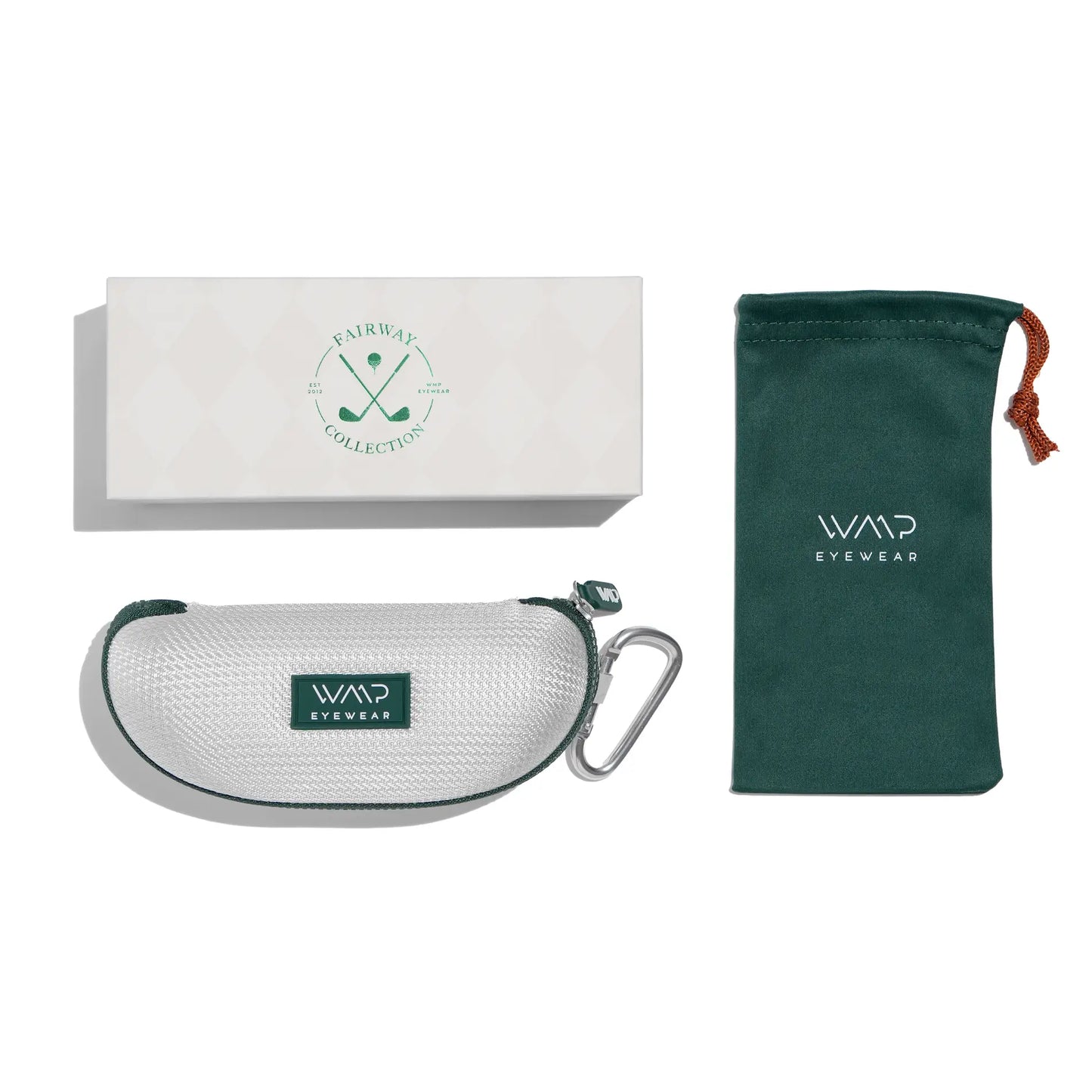 Agave Green / Brown Lens || Golf Packaging with White Box, White Hard Shell Case with Green Zipper and Green Microfiber Pouch