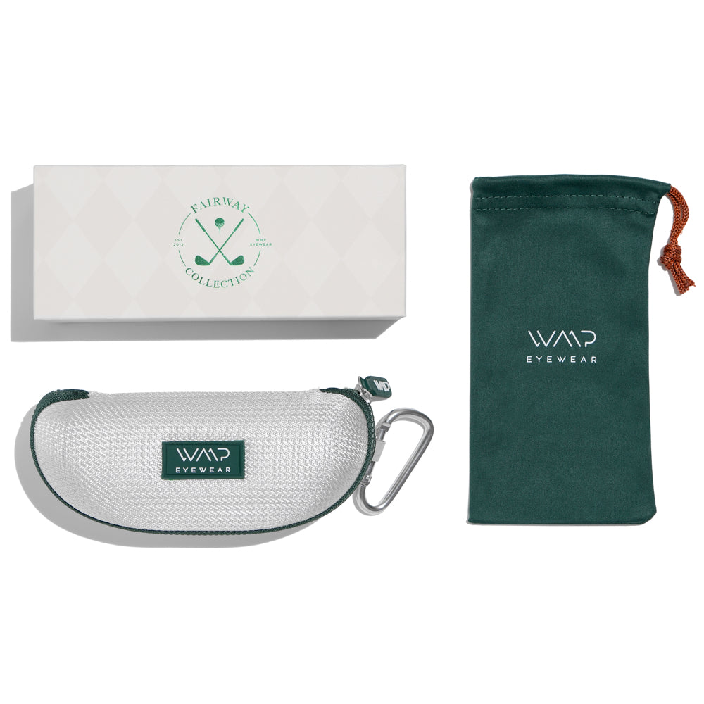 Crystal Mesquite Grain / G15 Lens || golf packaging with white box, white hard shell green zipper case and green microfiber pouch