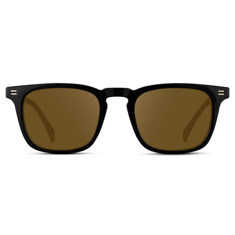 Black / Amber || Men's Rectangular Prescription Sunglasses with Black Frame and Amber Lenses on a white background