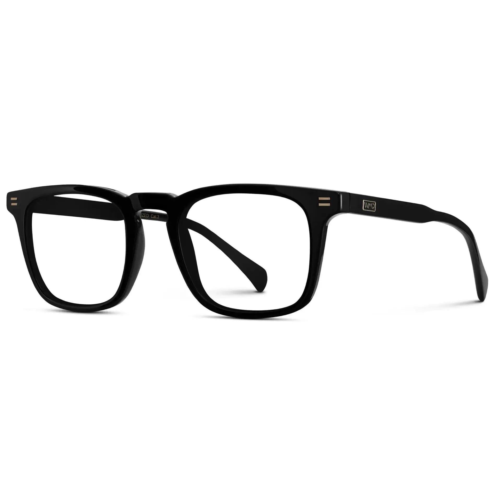 Black || Side view of Men's Rectangular Prescription Glasses with Black Frame and Clear Lenses on a white background