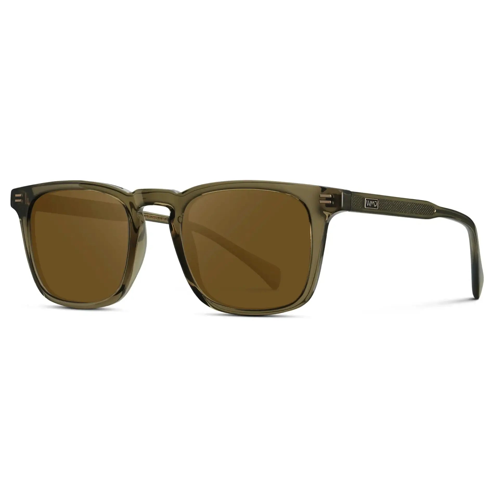 Khaki Green / Amber || Side view of Men's Rectangular Prescription Sunglasses with Khaki Green Frame and Amber Lenses on a white background
