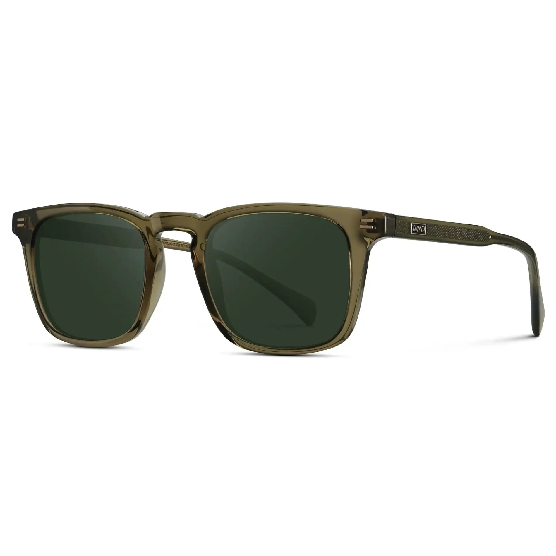 Khaki Green / G15 || Side view of Men's Rectangular Prescription Sunglasses with Khaki Green Frame and Green Lenses on a white background