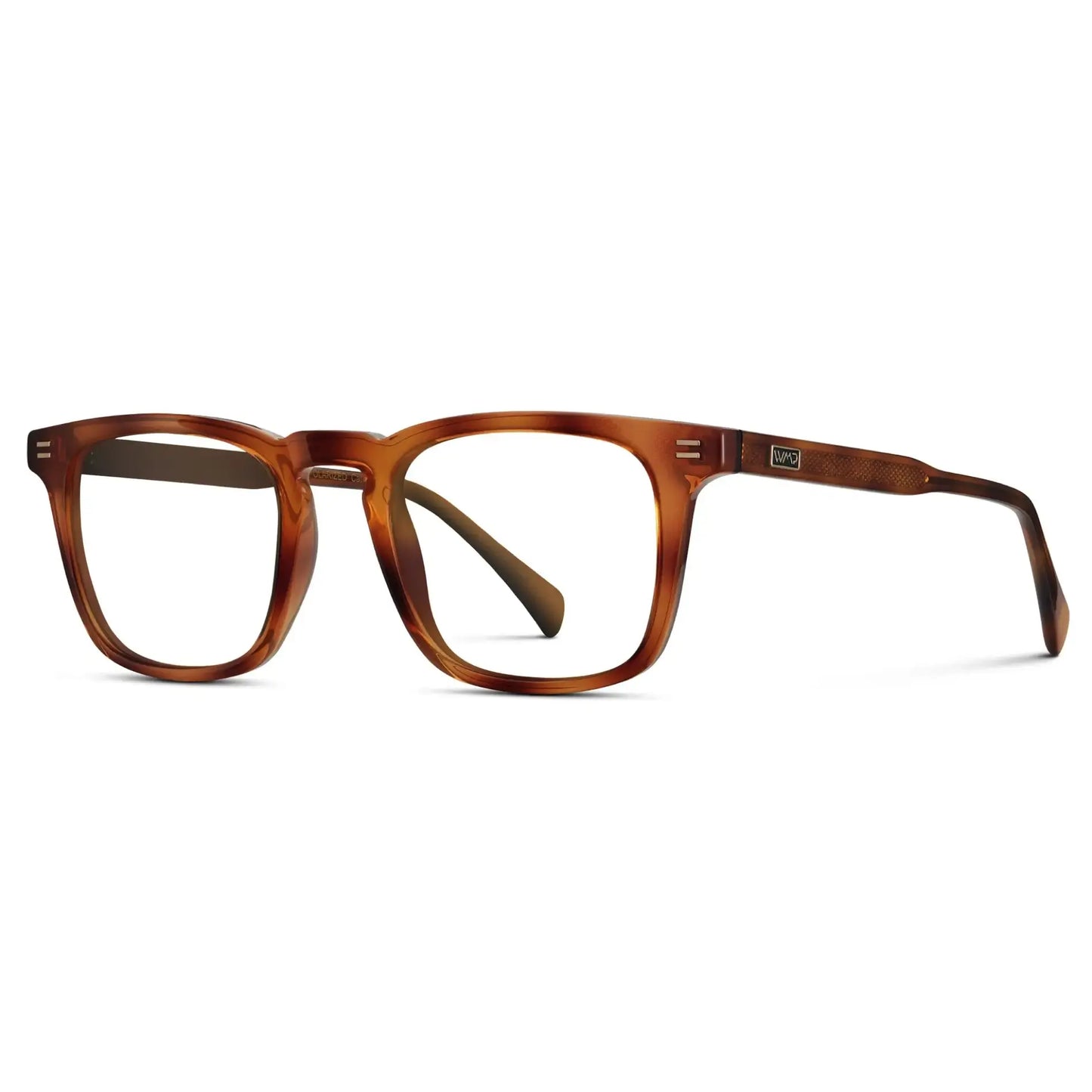 Honey Tortoise || Side view of Men's Rectangular Prescription Glasses with Honey Tortoise Frame and Clear Lenses on a white background