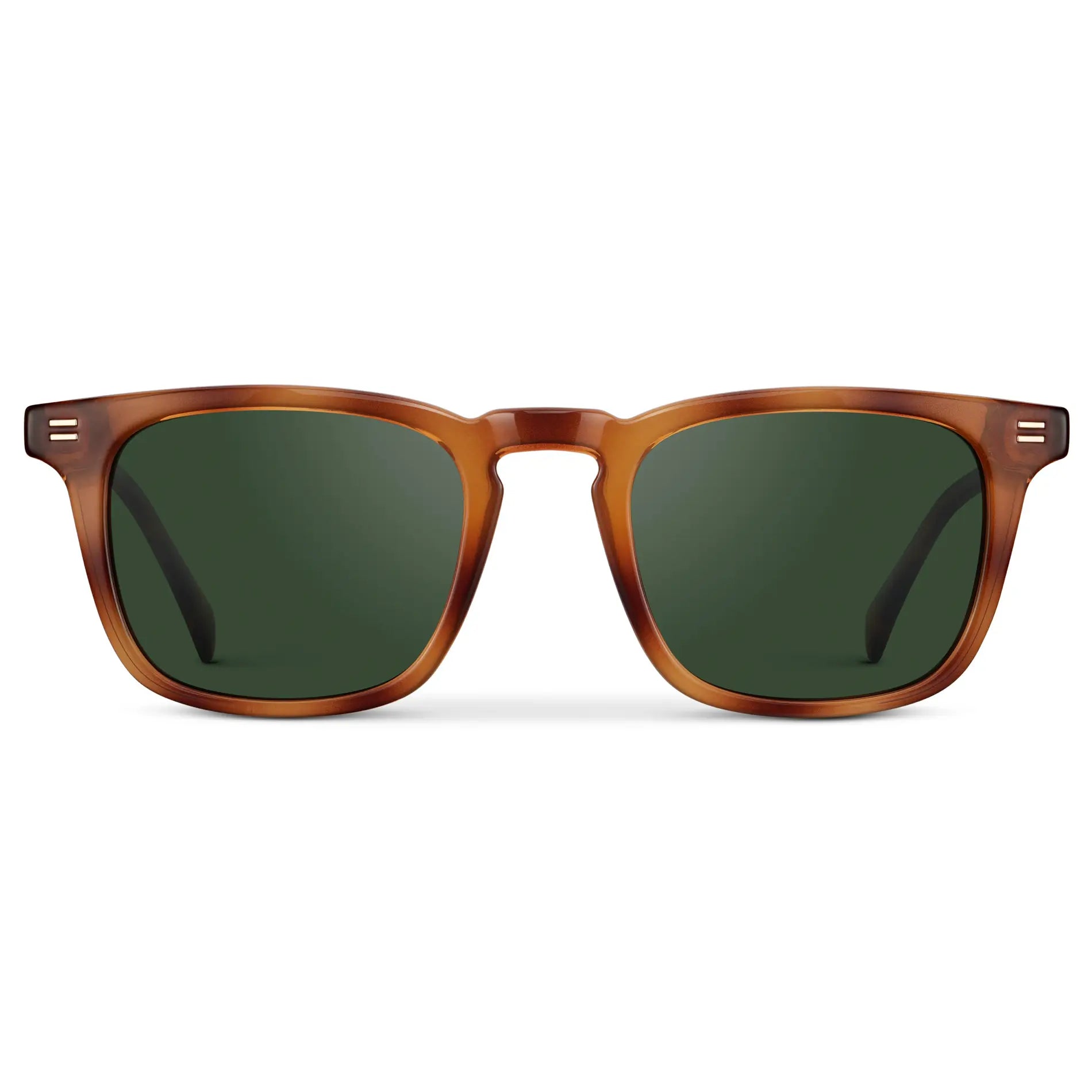Honey Tortoise / Smoke Green Lens || Men's Rectangular Polarized Sunglasses with Honey Tortoise Frame and Green Lenses on a white background