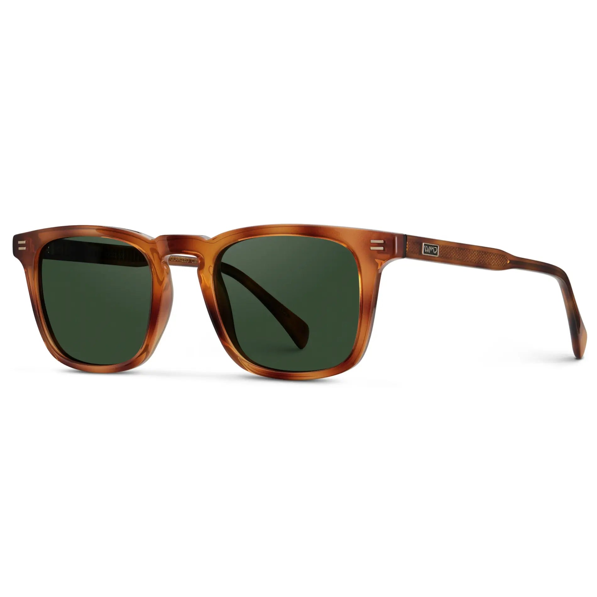 Honey Tortoise / Smoke Green Lens || Side view of Men's Rectangular Polarized Sunglasses with Honey Tortoise Frame and Green Lenses on a white background
