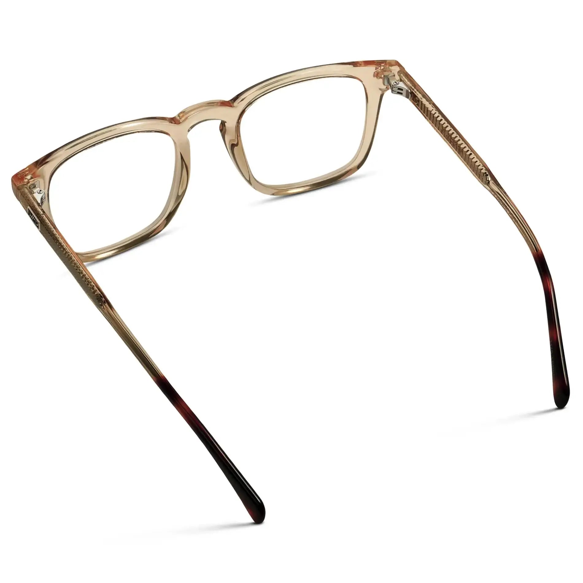 Sand Brown || Back view of Men's Rectangular Prescription Glasses with Sand Brown Frame and Clear Lenses on a white background
