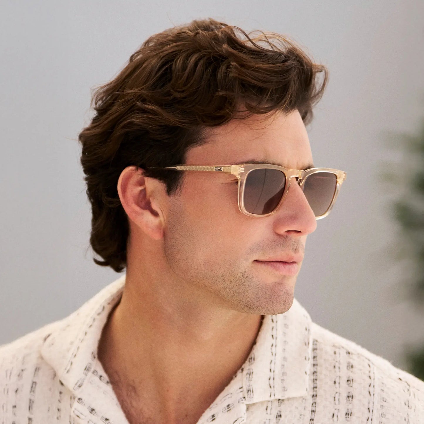 Sand Brown / Brown Gold Gradient Lens || Model wearing Men's Rectangular Polarized Sunglasses with Sand Brown Frame and Brown Gold Gradient Lenses