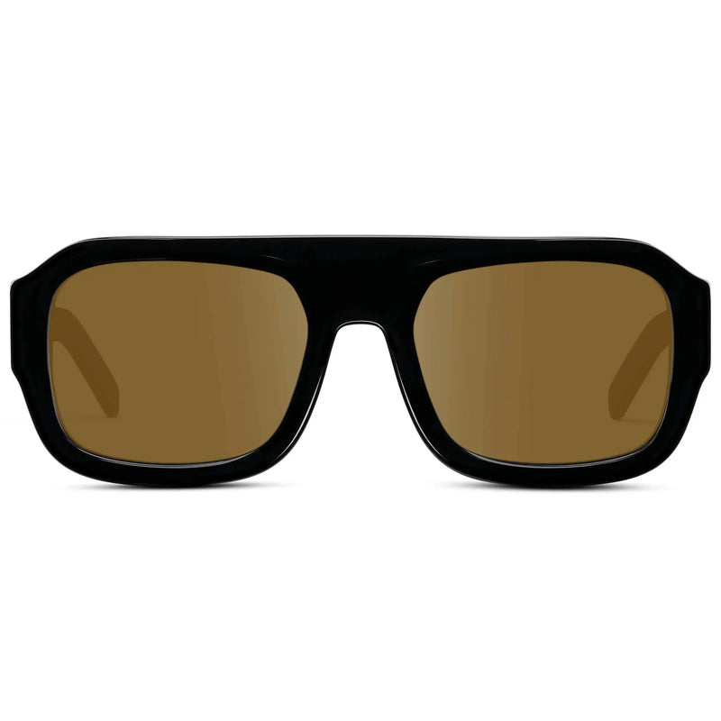 Black / Amber || Women's Chunky Rectangular Prescription Sunglasses with Black Acetate Frame and Amber Prescription Lens on a white background 