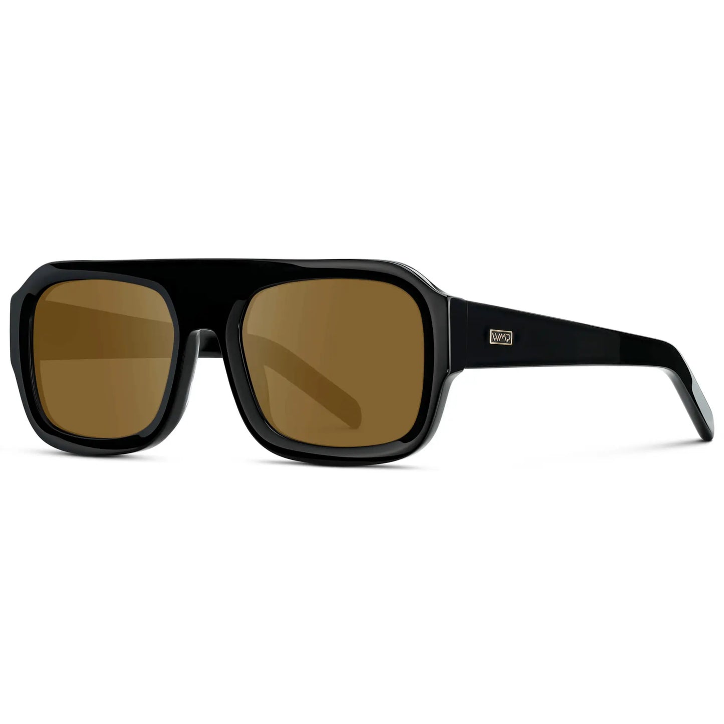 Black / Amber || Side view of Women's Chunky Rectangular Prescription Sunglasses with Black Acetate Frame and Amber Prescription Lens on a white background 