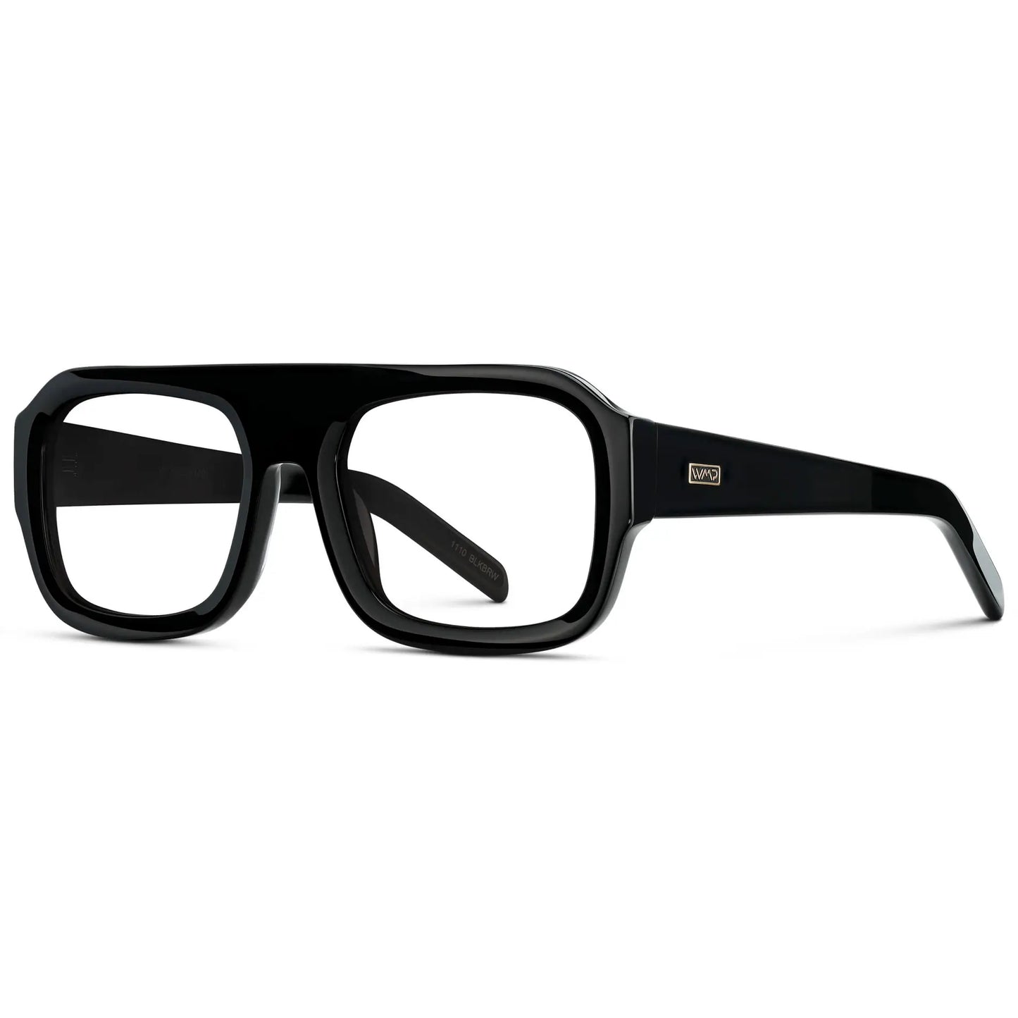Black || Side view of Women's Chunky Rectangular Eyeglasses with Black Acetate Frame and Clear Prescription Lens on a white background