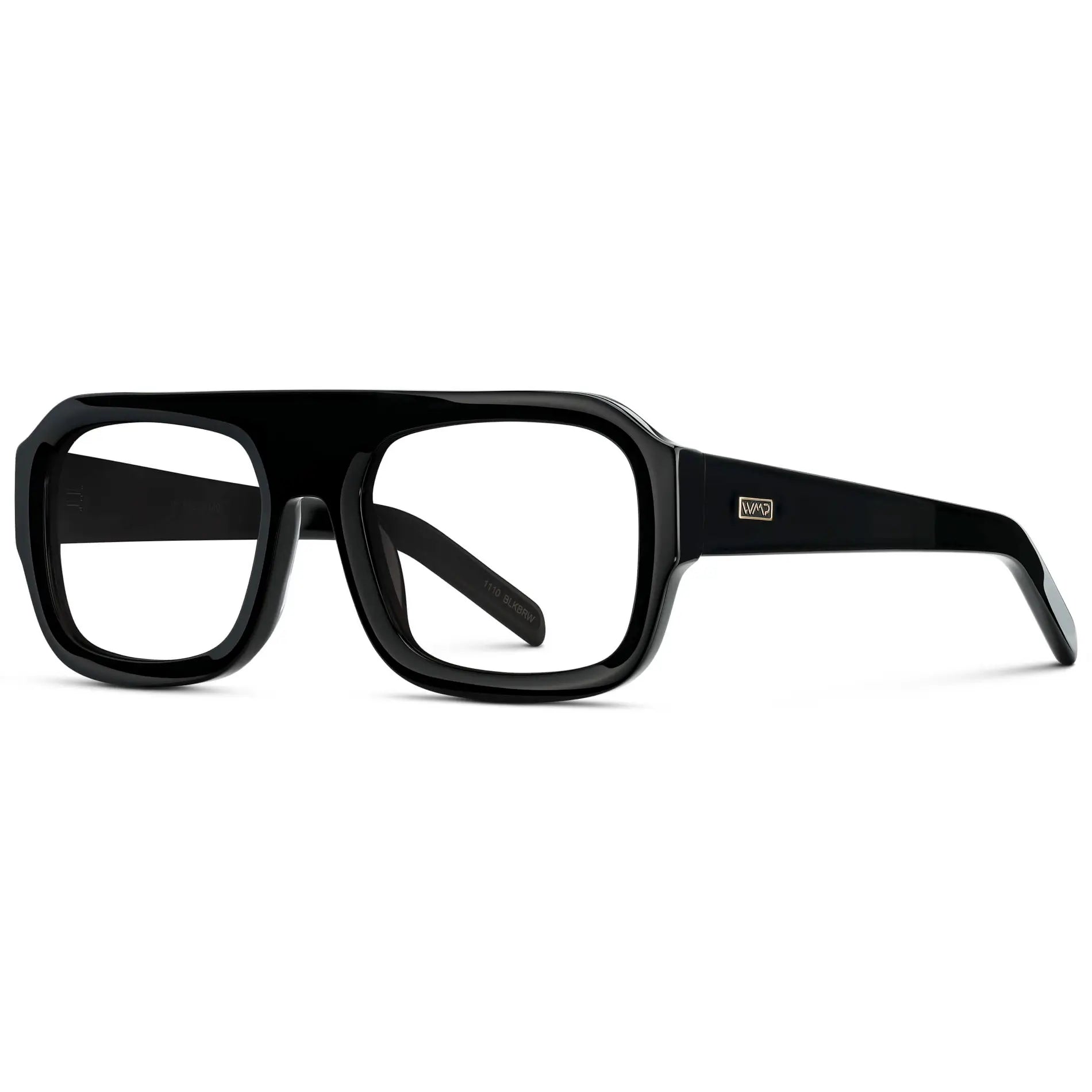 Black || Side view of Women's Chunky Rectangular Eyeglasses with Black Acetate Frame and Clear Prescription Lens on a white background