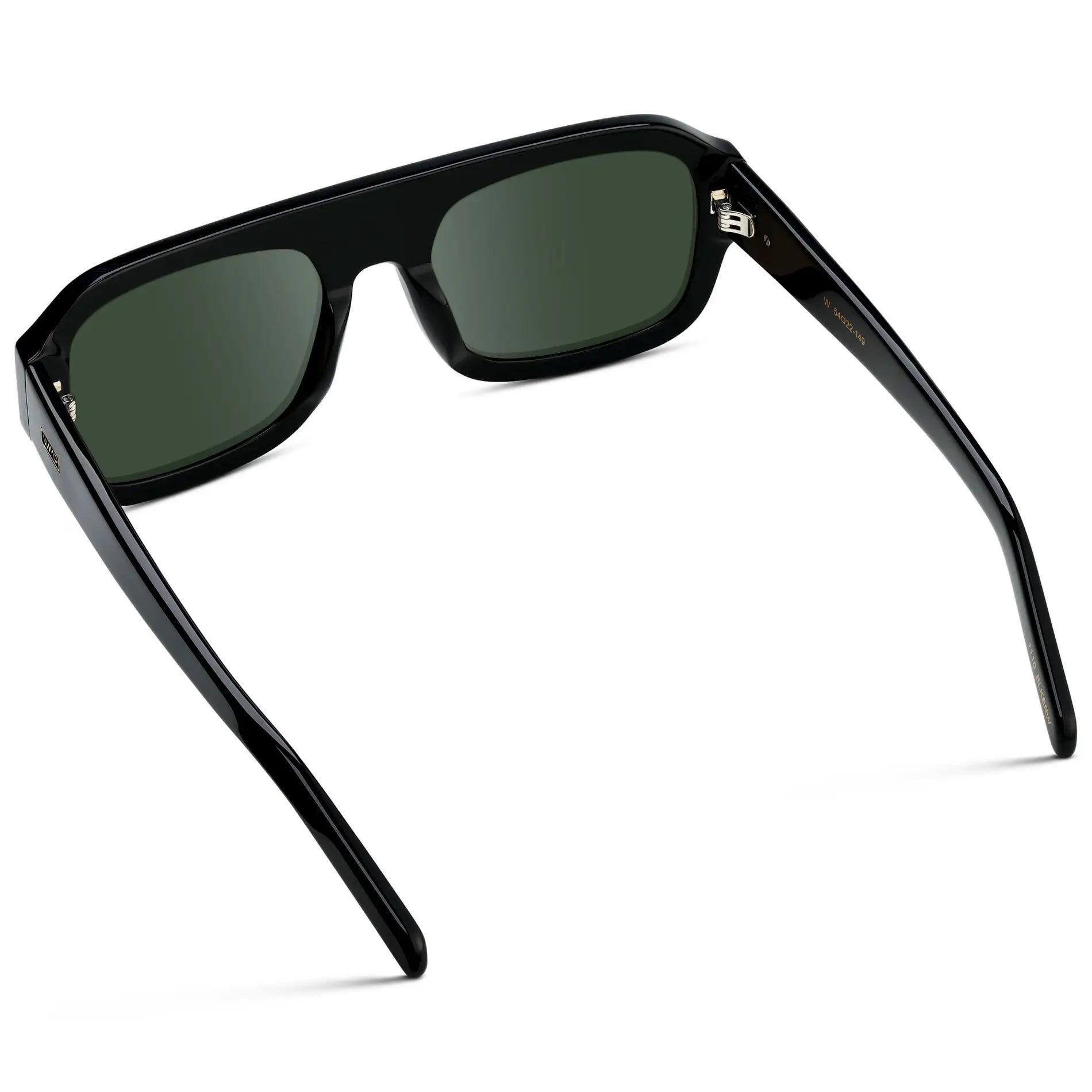 Black / G15 || Back view of Women's Chunky Rectangular Prescription Sunglasses with Black Acetate Frame and Green Prescription Lens on a white background 