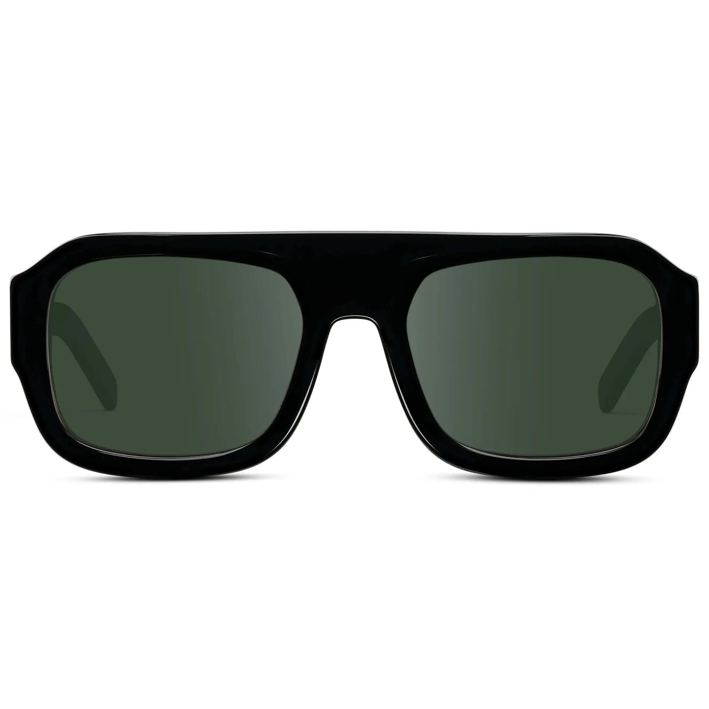 Black / G15 || Women's Chunky Rectangular Prescription Sunglasses with Black Acetate Frame and Green Prescription Lens on a white background 