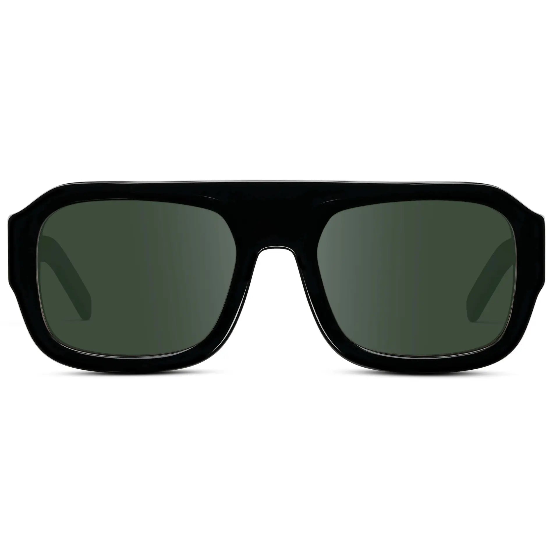 Black / G15 || Women's Chunky Rectangular Prescription Sunglasses with Black Acetate Frame and Green Prescription Lens on a white background 