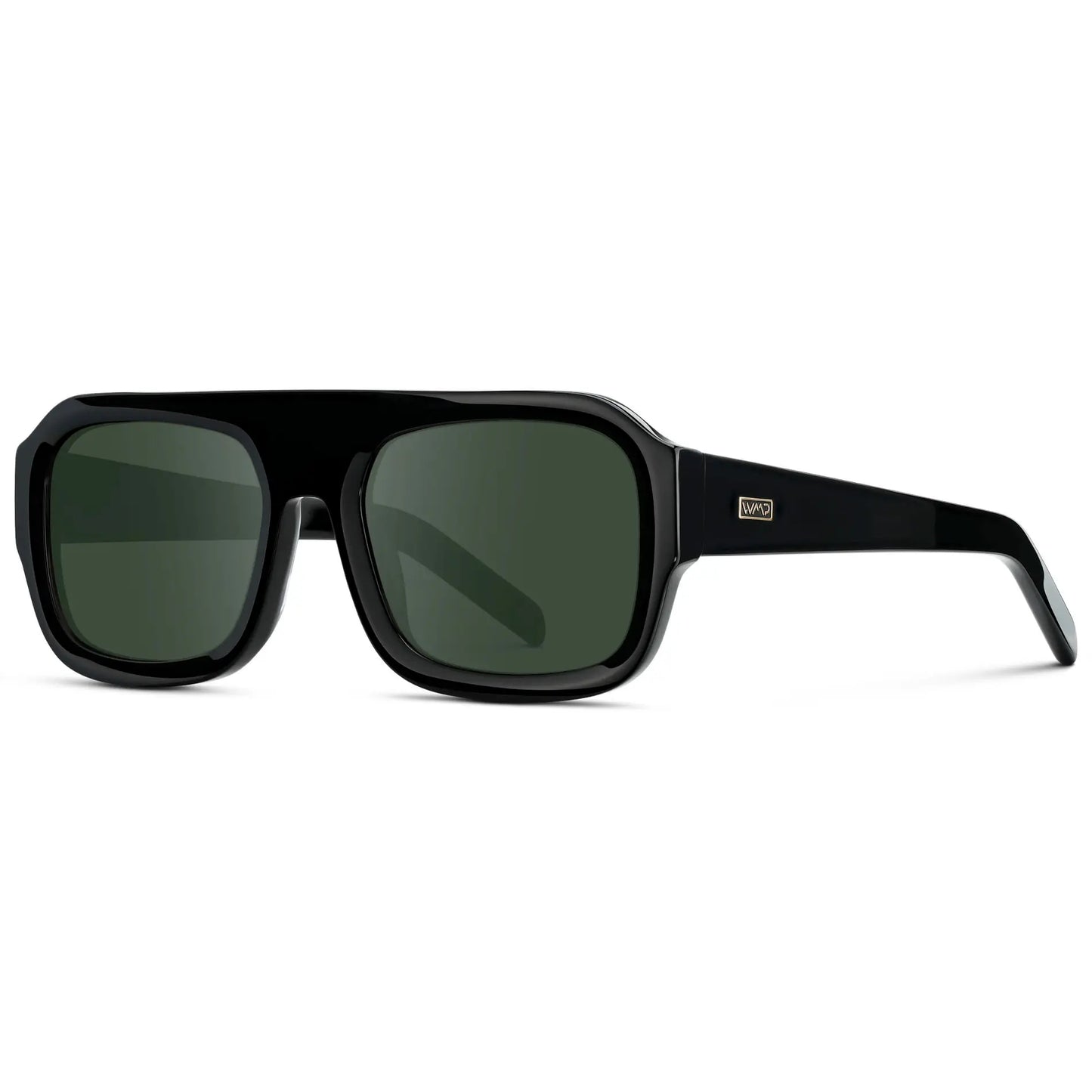 Black / G15 || Side view of Women's Chunky Rectangular Prescription Sunglasses with Black Acetate Frame and Green Prescription Lens on a white background