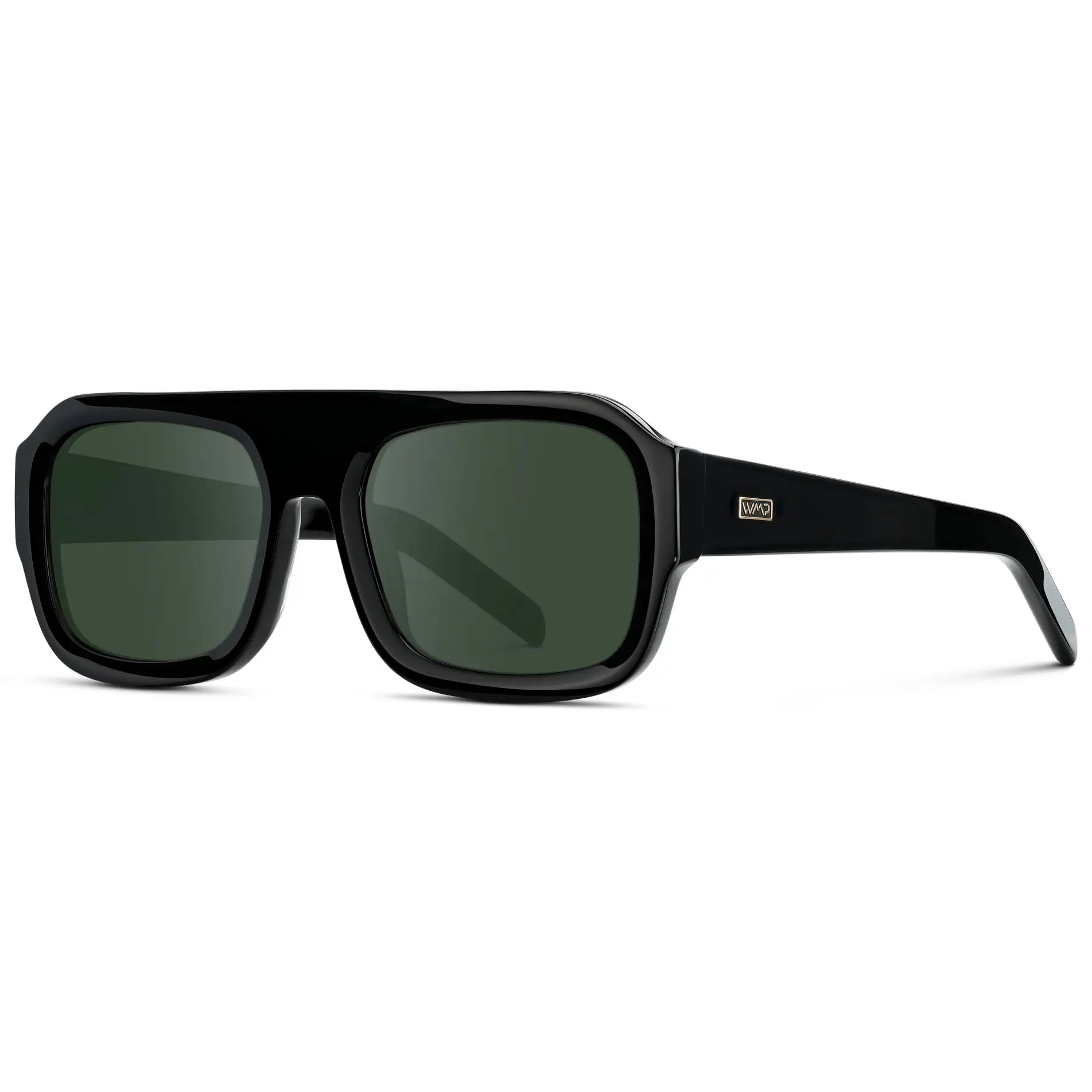 Black / G15 || Side view of Women's Chunky Rectangular Prescription Sunglasses with Black Acetate Frame and Green Prescription Lens on a white background