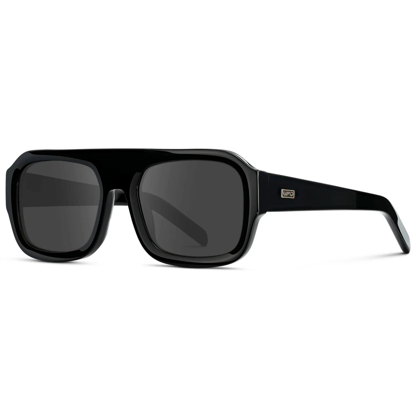 Black / Grey || Side view of Women's Chunky Rectangular Prescription Sunglasses with Black Acetate Frame and Grey Prescription Lens on a white background
