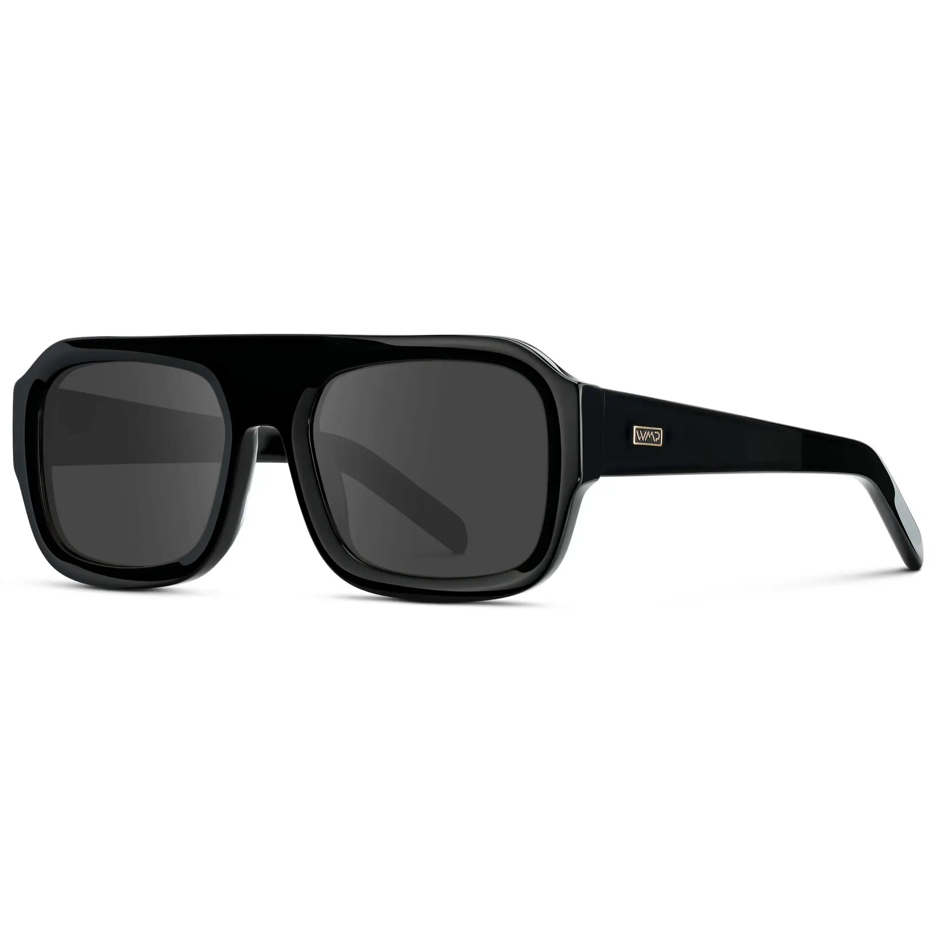 Black / Grey || Side view of Women's Chunky Rectangular Prescription Sunglasses with Black Acetate Frame and Grey Prescription Lens on a white background
