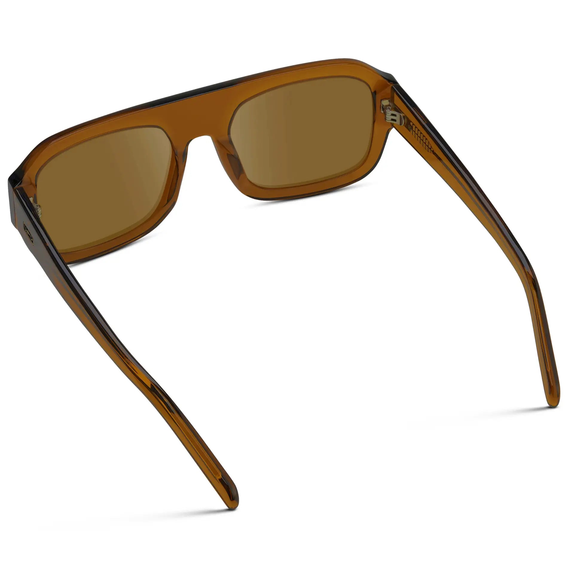 Caramel Brown / Amber || Back view of Women's Chunky Rectangular Prescription Sunglasses with Caramel Brown Acetate Frame and Amber Prescription Lens on a white background 