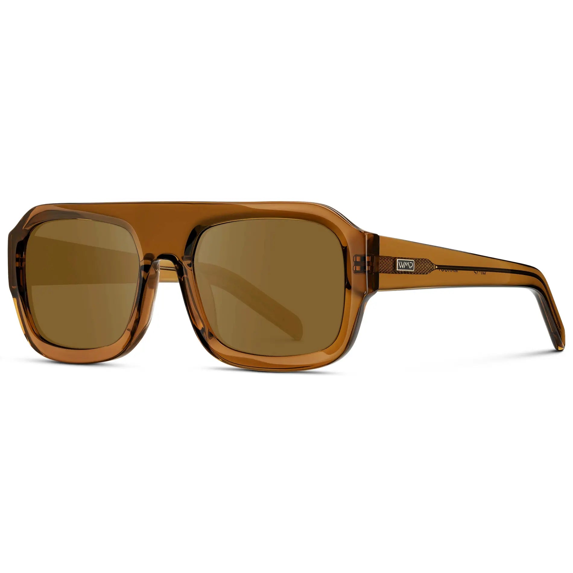 Caramel Brown / Amber || Side view of Women's Chunky Rectangular Prescription Sunglasses with Caramel Brown Acetate Frame and Amber Prescription Lens on a white background 