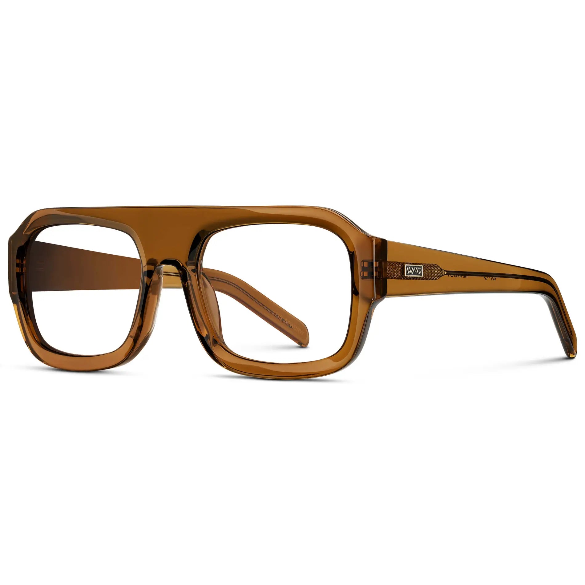 Caramel Brown || Side view of Women's Chunky Rectangular Eyeglasses with Caramel Brown Acetate Frame and Clear Prescription Lens on a white background