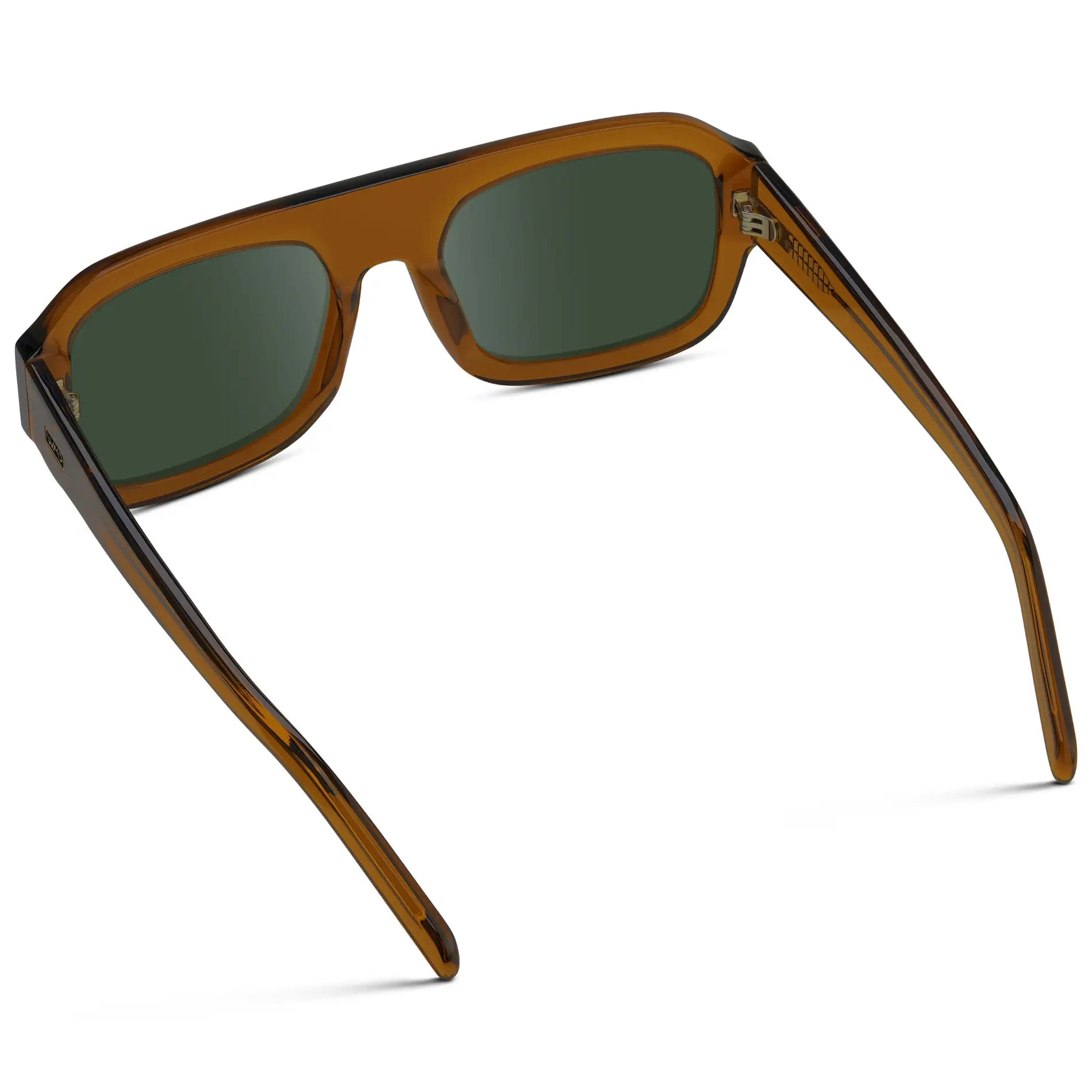 Caramel Brown / G15 || Back view of Women's Chunky Rectangular Prescription Sunglasses with Caramel Brown Acetate Frame and Green Prescription Lens on a white background