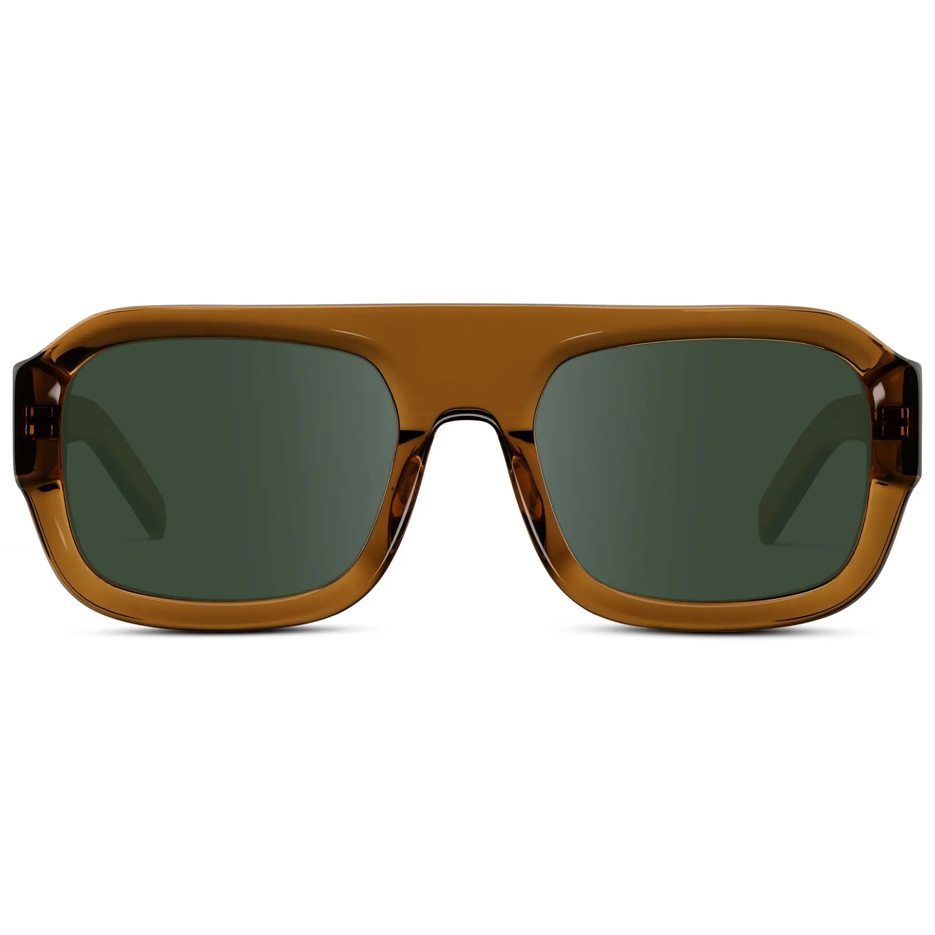 Caramel Brown / G15 || Women's Chunky Rectangular Prescription Sunglasses with Caramel Brown Acetate Frame and Green Prescription Lens on a white background 