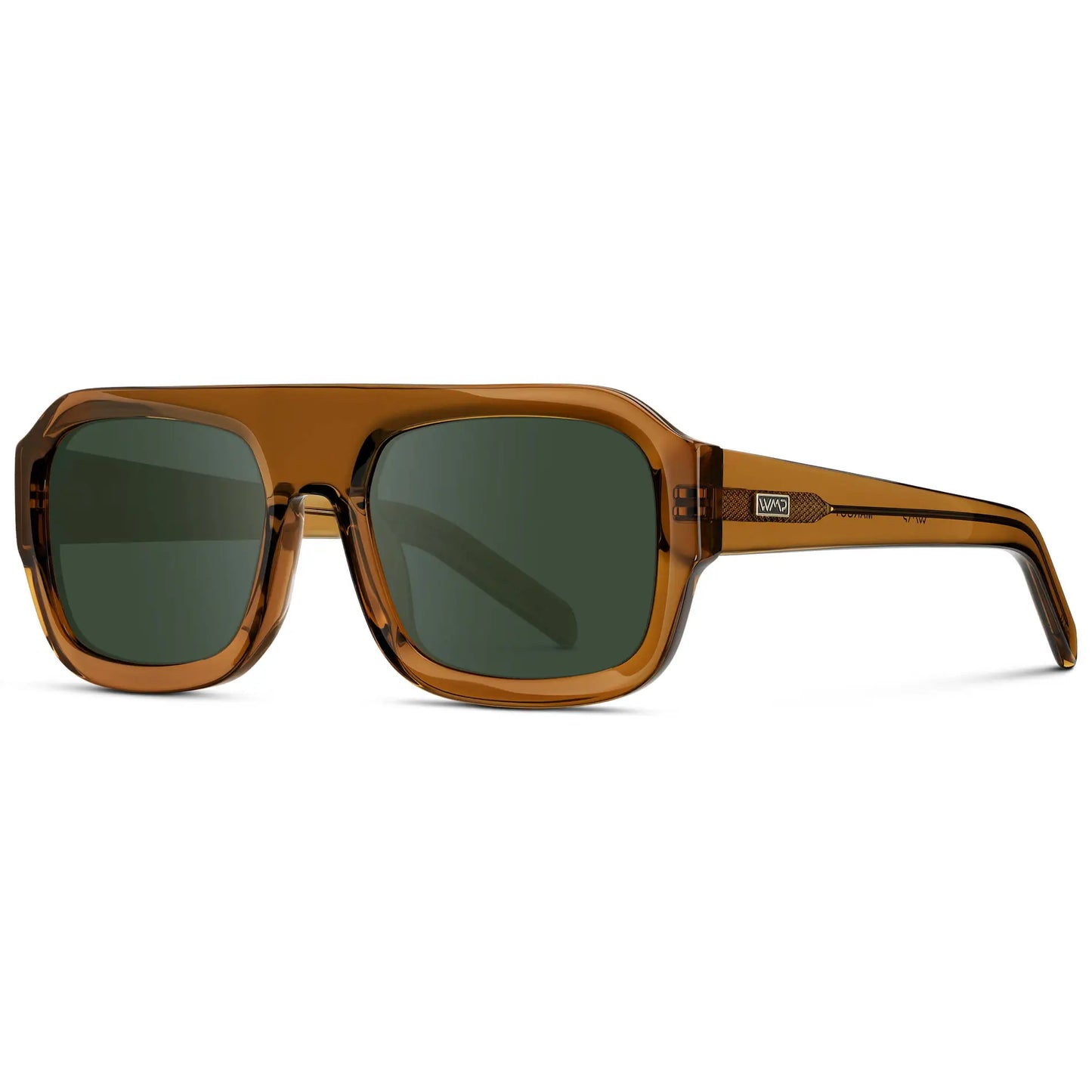 Caramel Brown / G15 || Side view of Women's Chunky Rectangular Prescription Sunglasses with Caramel Brown Acetate Frame and Green Prescription Lens on a white background 