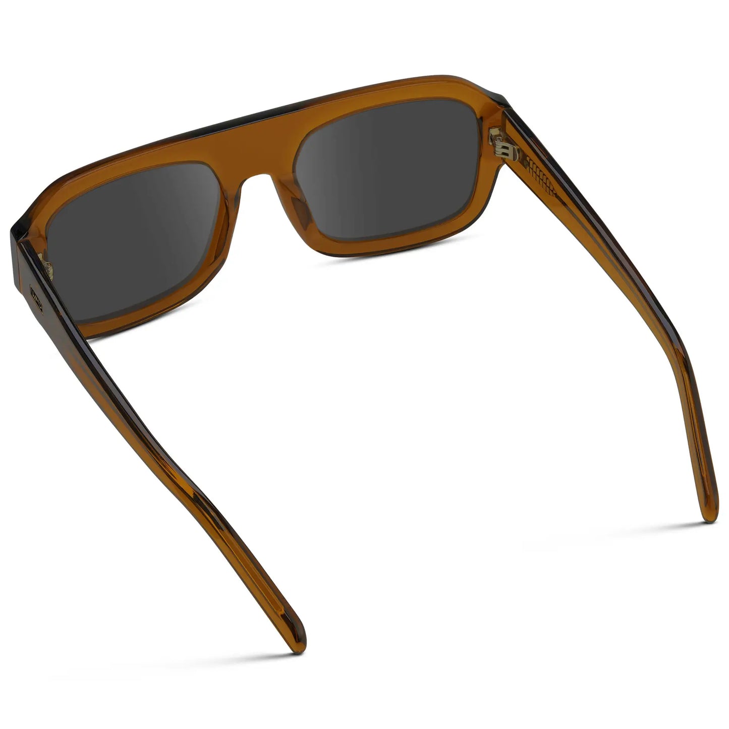 Caramel Brown / Grey || Back view of Women's Chunky Rectangular Prescription Sunglasses with Caramel Brown Acetate Frame and Grey Prescription Lens on a white background 