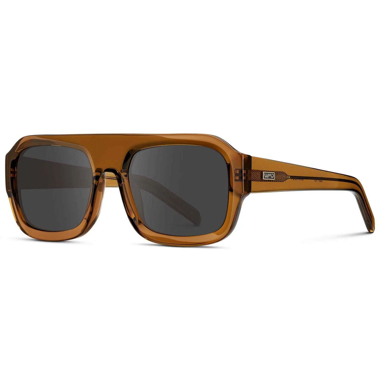 Caramel Brown / Grey || Side view of Women's Chunky Rectangular Prescription Sunglasses with Caramel Brown Acetate Frame and Grey Prescription Lens on a white background 