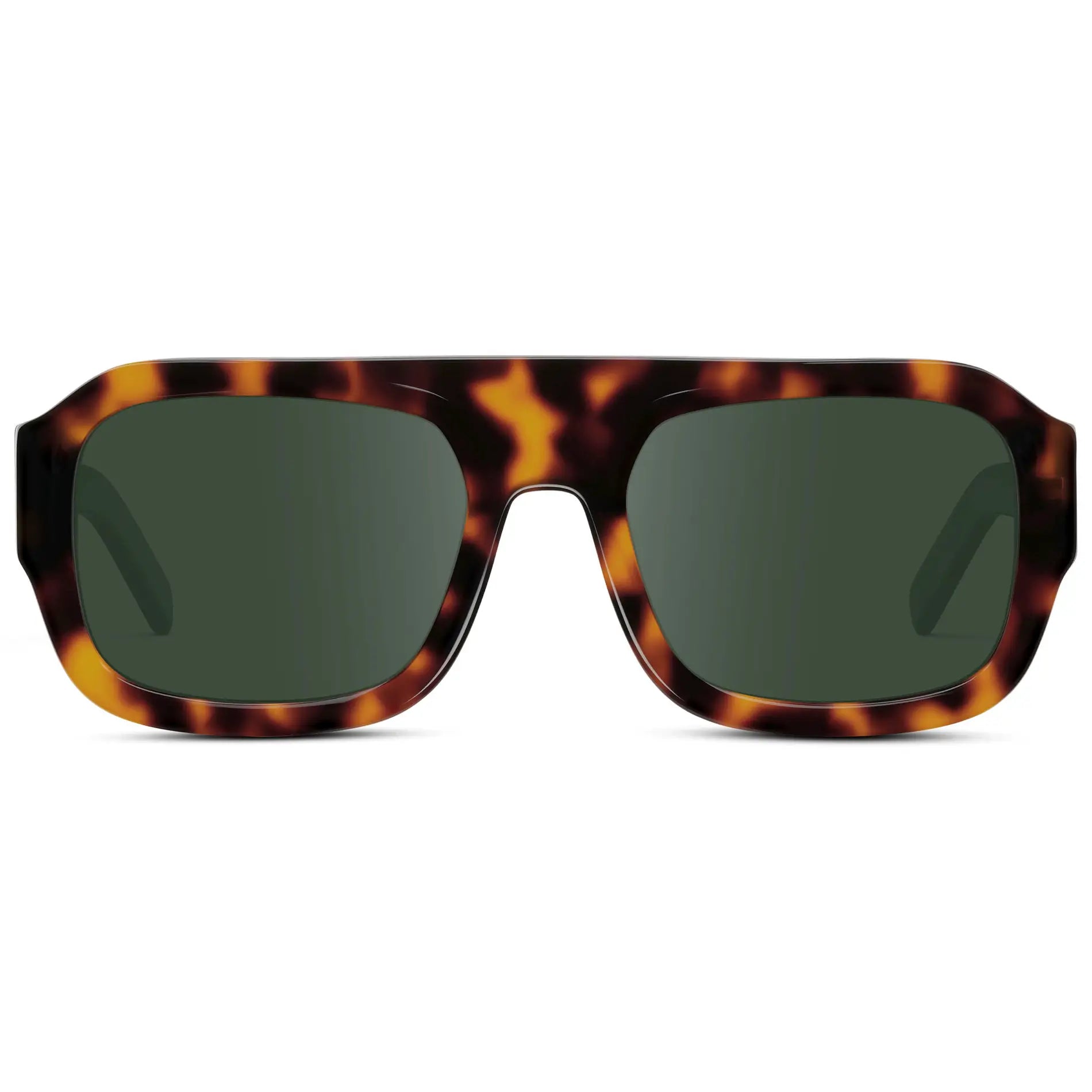 Brown Tortoise / G15 || Women's Chunky Rectangular Prescription Sunglasses with Brown Tortoise Acetate Frame and Green Prescription Lens on a white background 