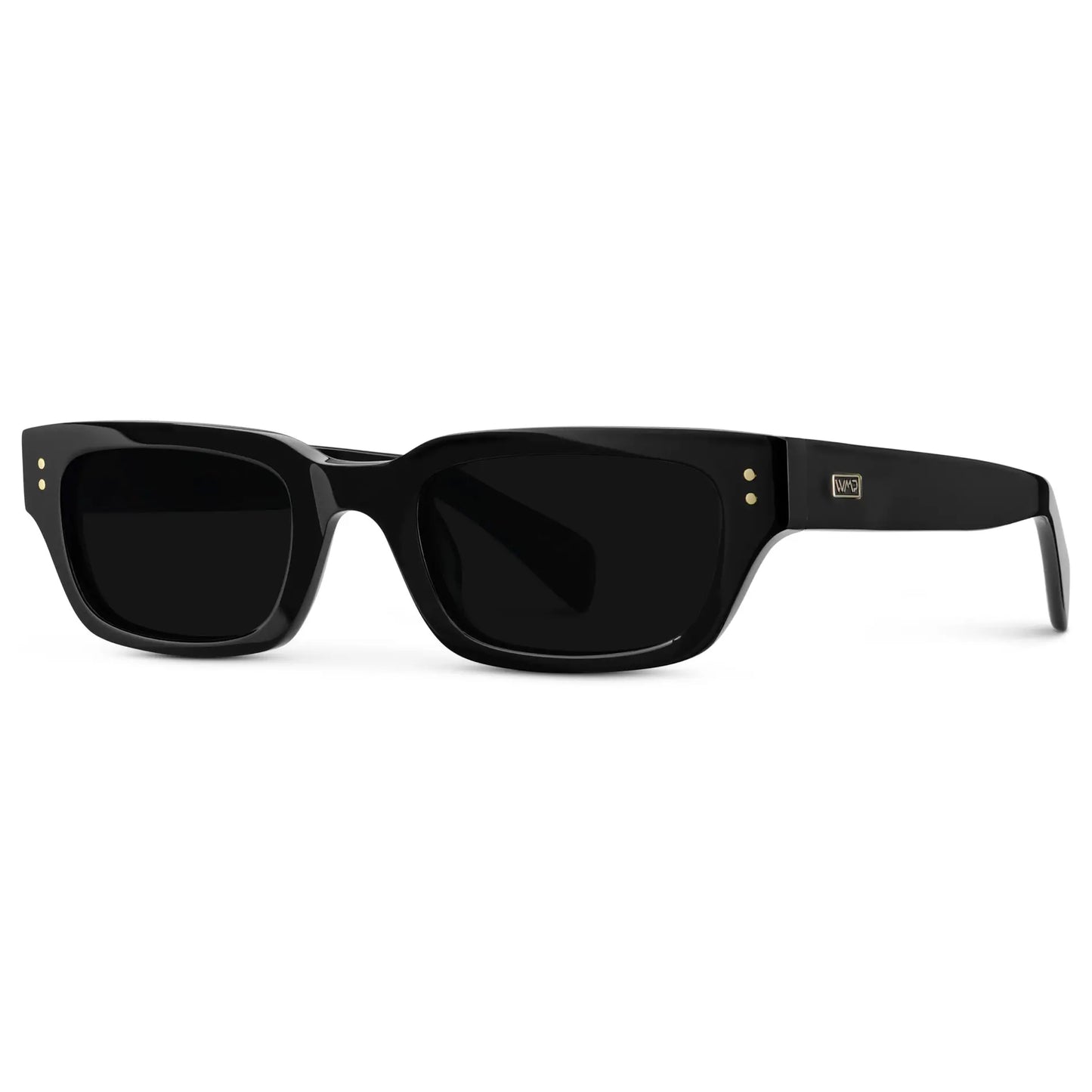 Black / Triple Black Lens || Side view of Women's Rectangular Polarized Sunglasses with Black Frame and Black Lenses on a white background